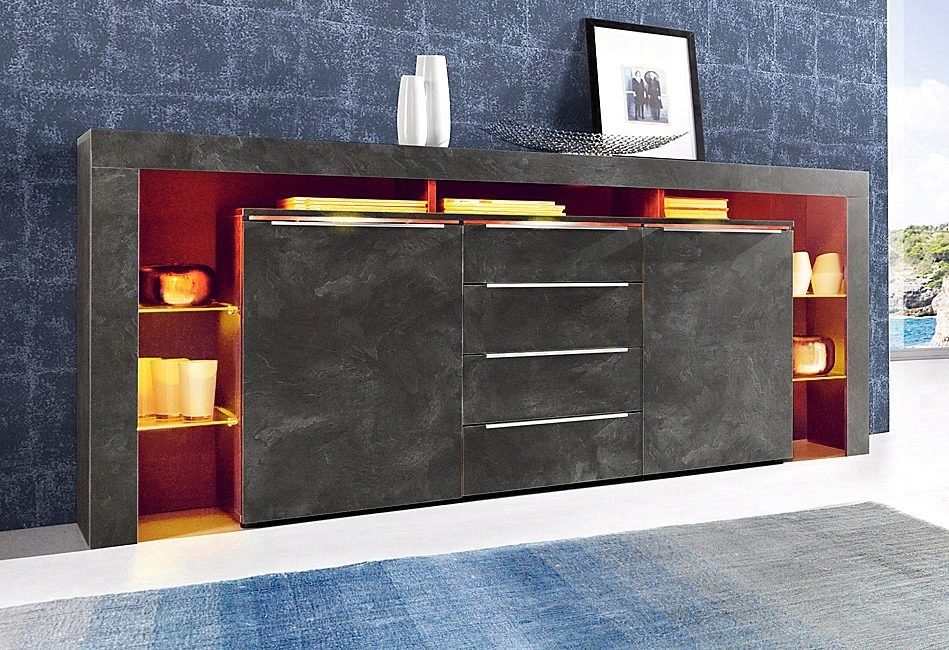 borchardt Möbel Sideboard Lima, Breite 192cm mit Metallgriffen und Glasböden, Sehr viel Stauraum, 2 Türen, 4 Schubfächer, eleganter Überbau