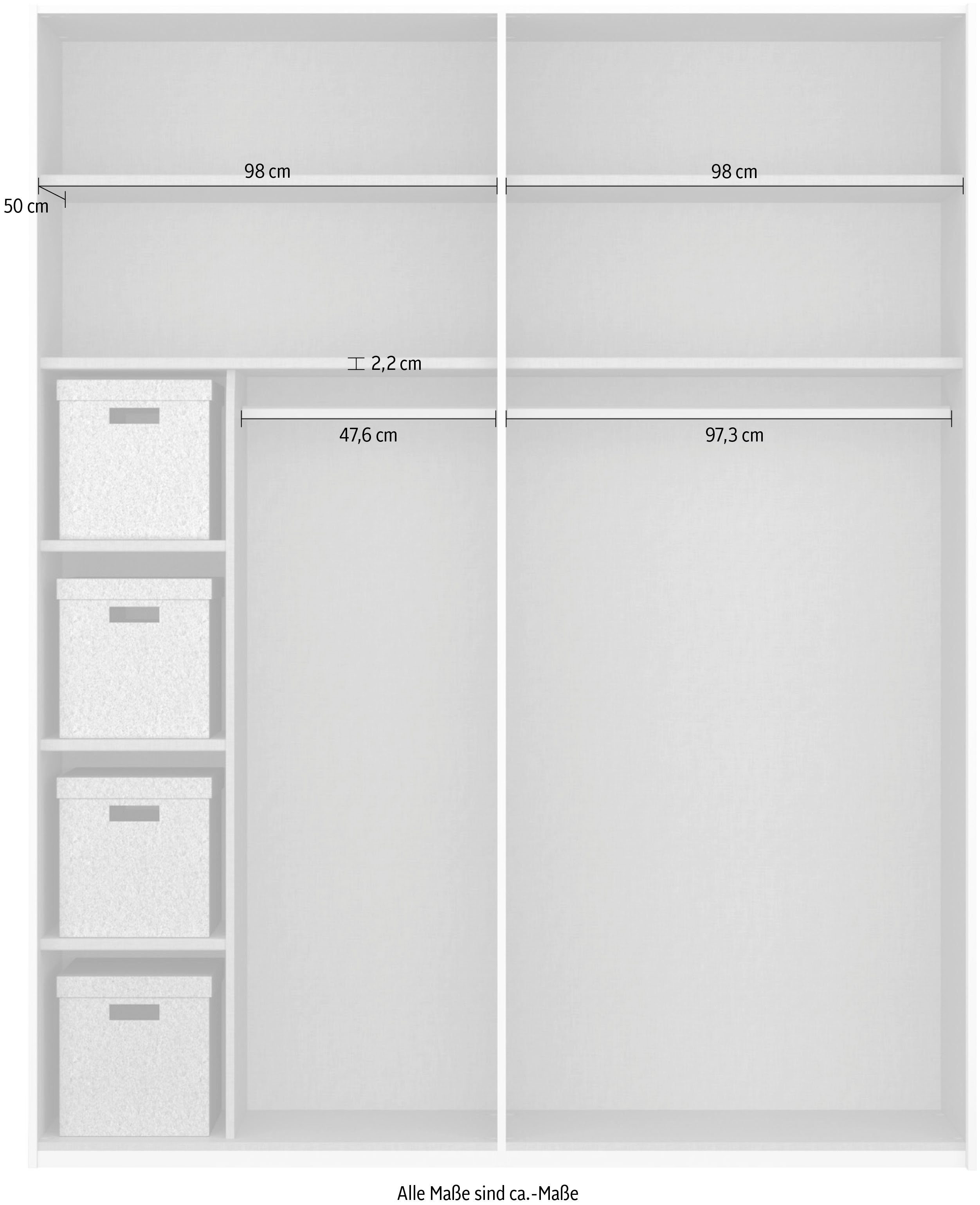 Inneneinteilung Schwebetürenschrank inkl. mit X-tend Außentürendämpfer sowie 4 Stoffkisten rauch