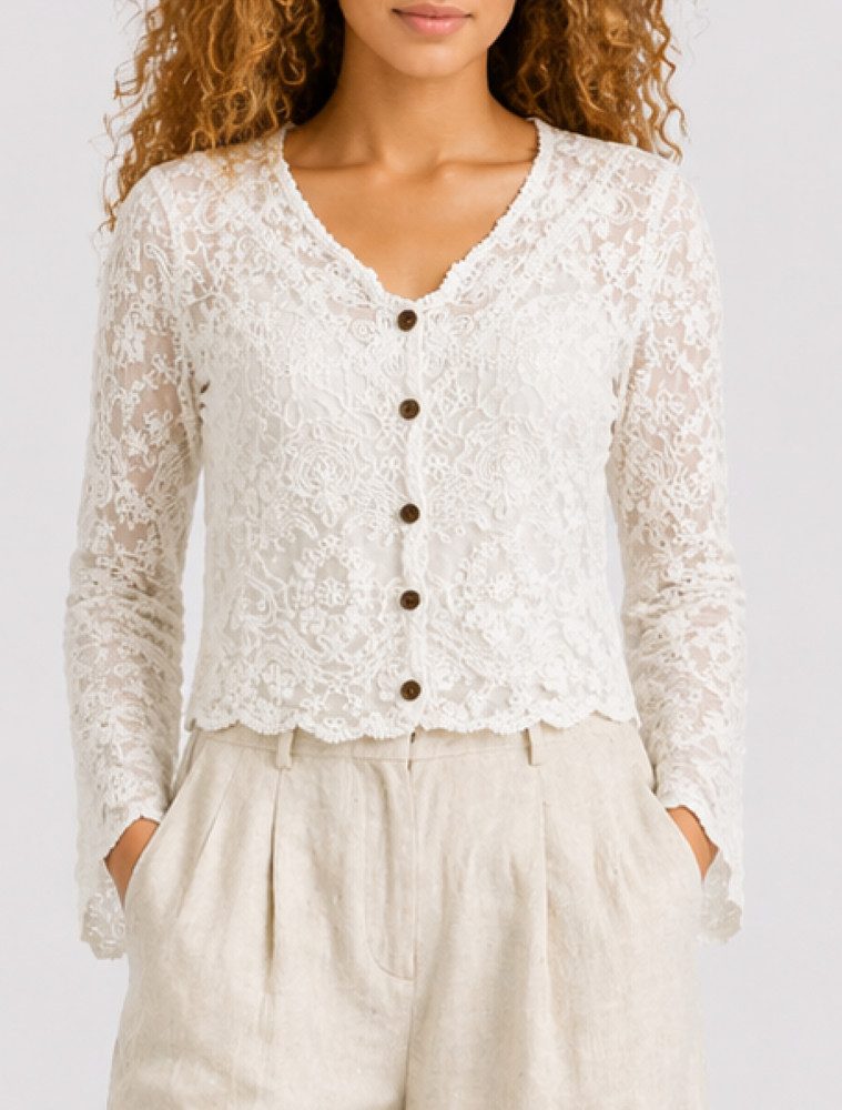 Mississhop Spitzenbluse Damen Spitzenbluse kurz mit Knopfleiste – Boho Spitze Bluse S/M
