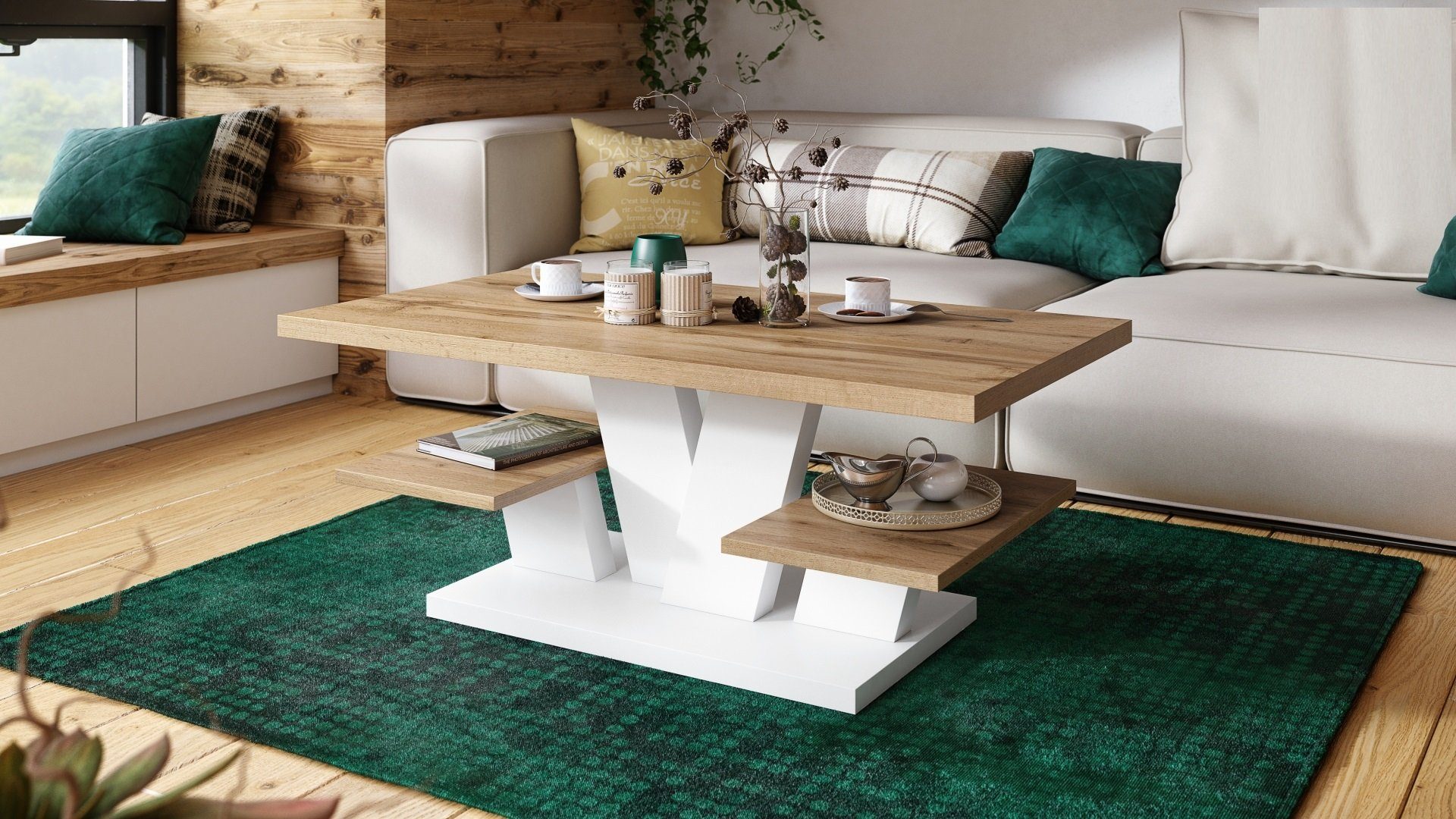 designimpex Couchtisch Design Viva Tisch Wohnzimmertisch 110x60x45 cm mit Ablagefläche Eiche Wotan - Weiß matt