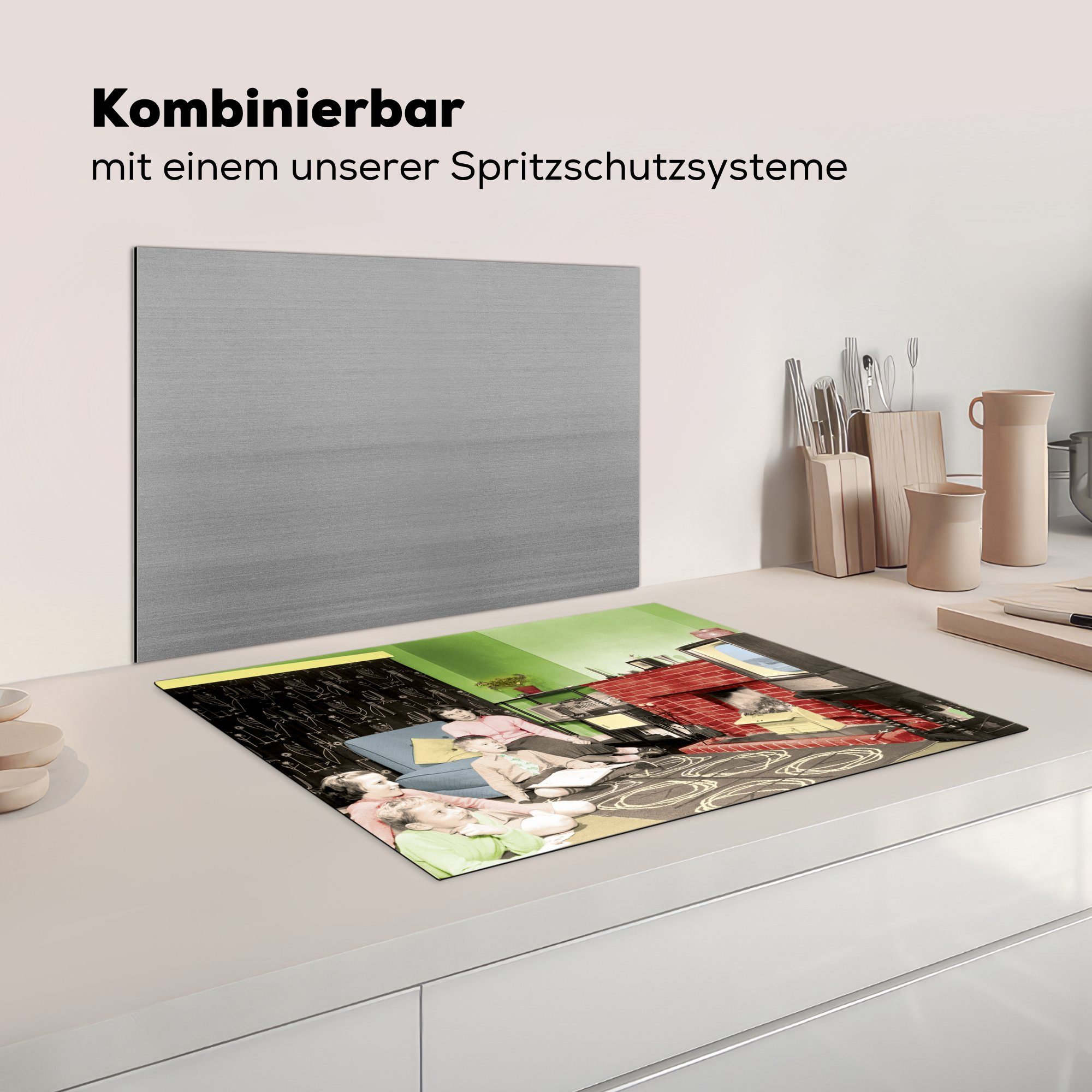 Vinyl, fern, Herdblende-/Abdeckplatte (1 tlg), cm, Mobile Arbeitsfläche Familie Die 70x52 MuchoWow sieht Ceranfeldabdeckung nutzbar,