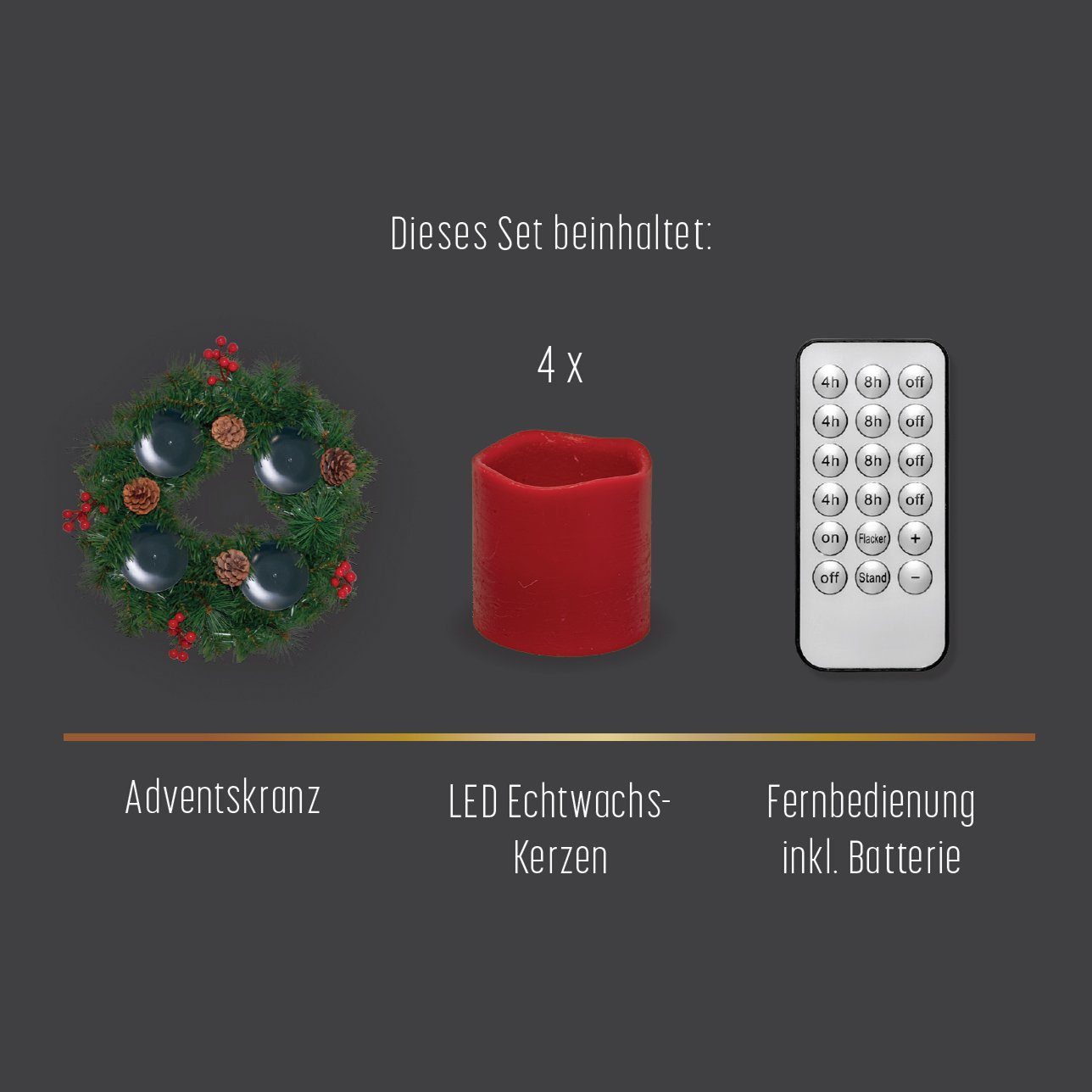 IC Winterworld Adventskranz Künstlicher Adventskranz Ø 45 cm mit 4 LED Kerzen aus Echtwachs, praktische Fernbedienung mit Timer und Lichtfunktionen, nadelfrei