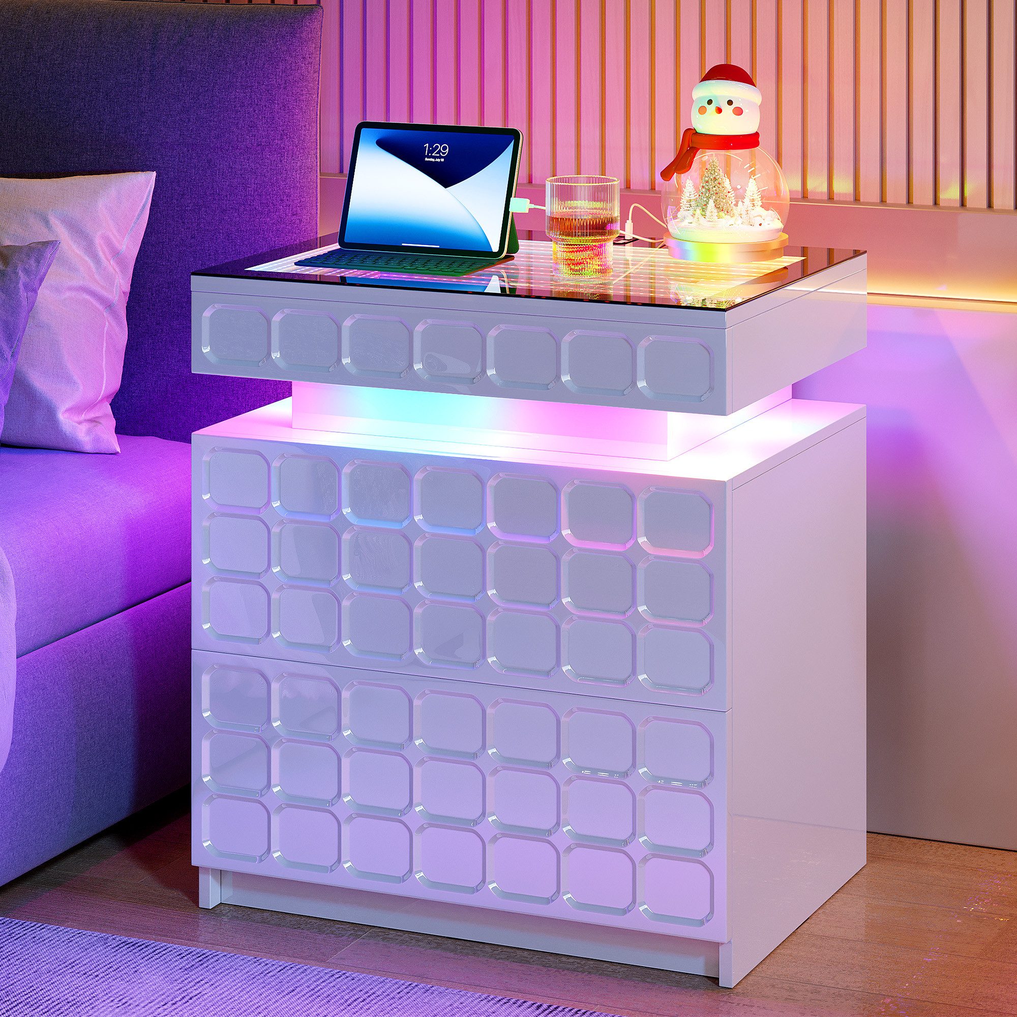 LVSOMT Nachttisch mit Ladestation und RGB, verstecktem Stauraum (1-St), 50×40×59.9cm, weiß