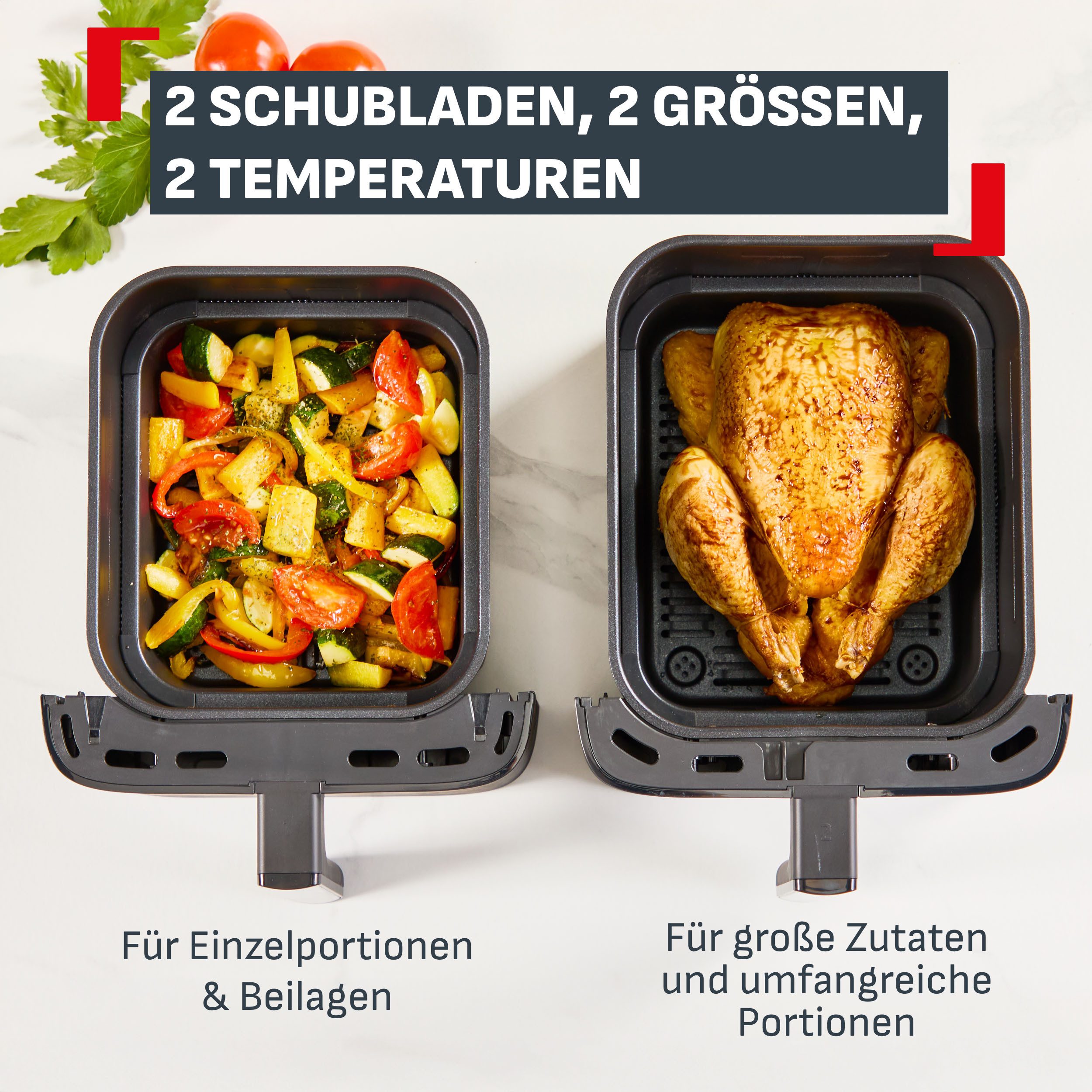 Tefal Heißluftfritteuse EY7528 Easy Fry Crispy Stack, platzsparendes Design, Doppelkammer-Heißluftfritteuse, 6 L + 4 L