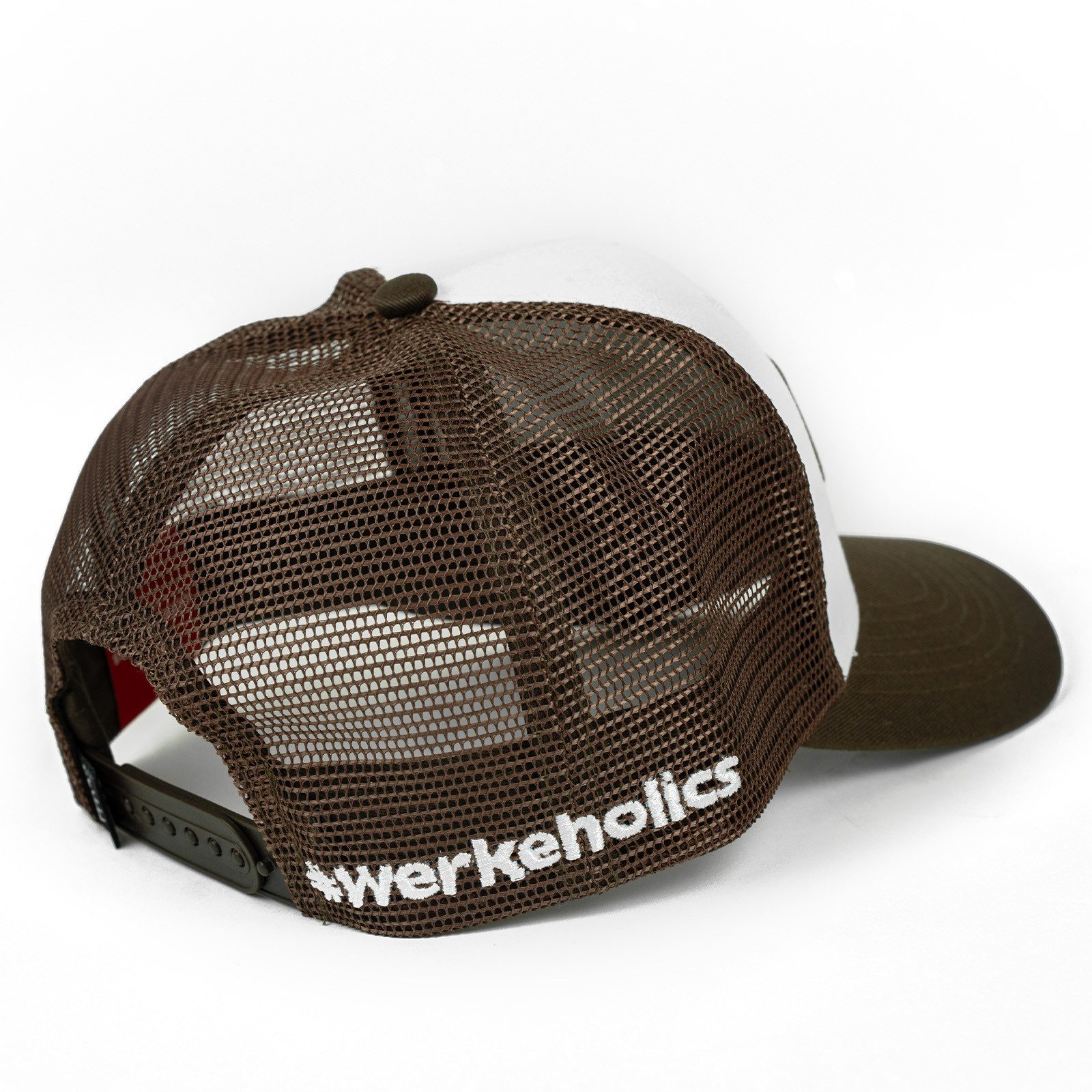 Weber GmbH Trucker Cap Weber #Werkeholics Mesh Baseball Cap braun/weiß (1-St) basecap, mit Logo-Badge