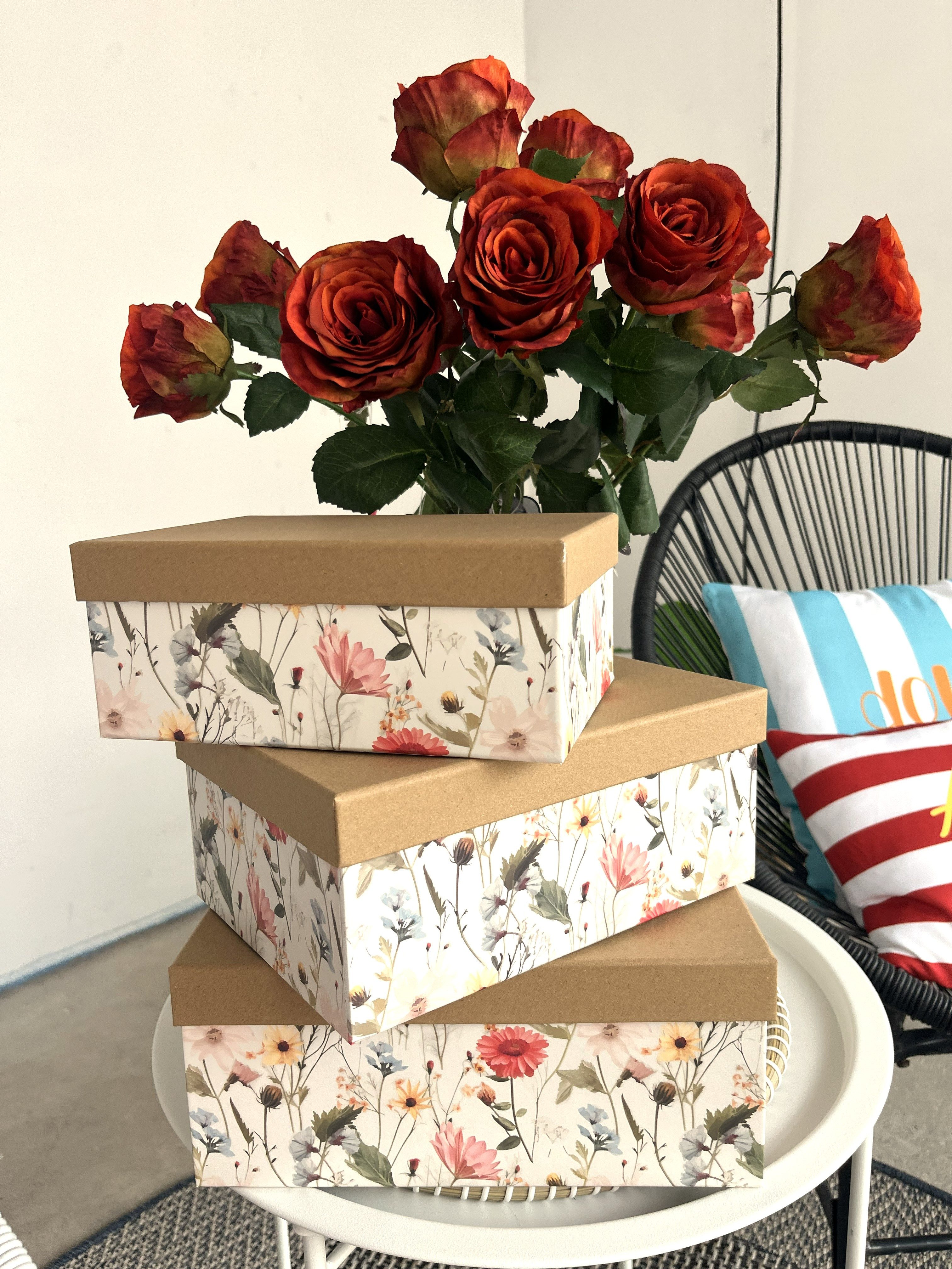 PapeRoom Geschenkbox 3er Set - Blumenwiese - naturbraun mit Blumenmuster - rechteckig