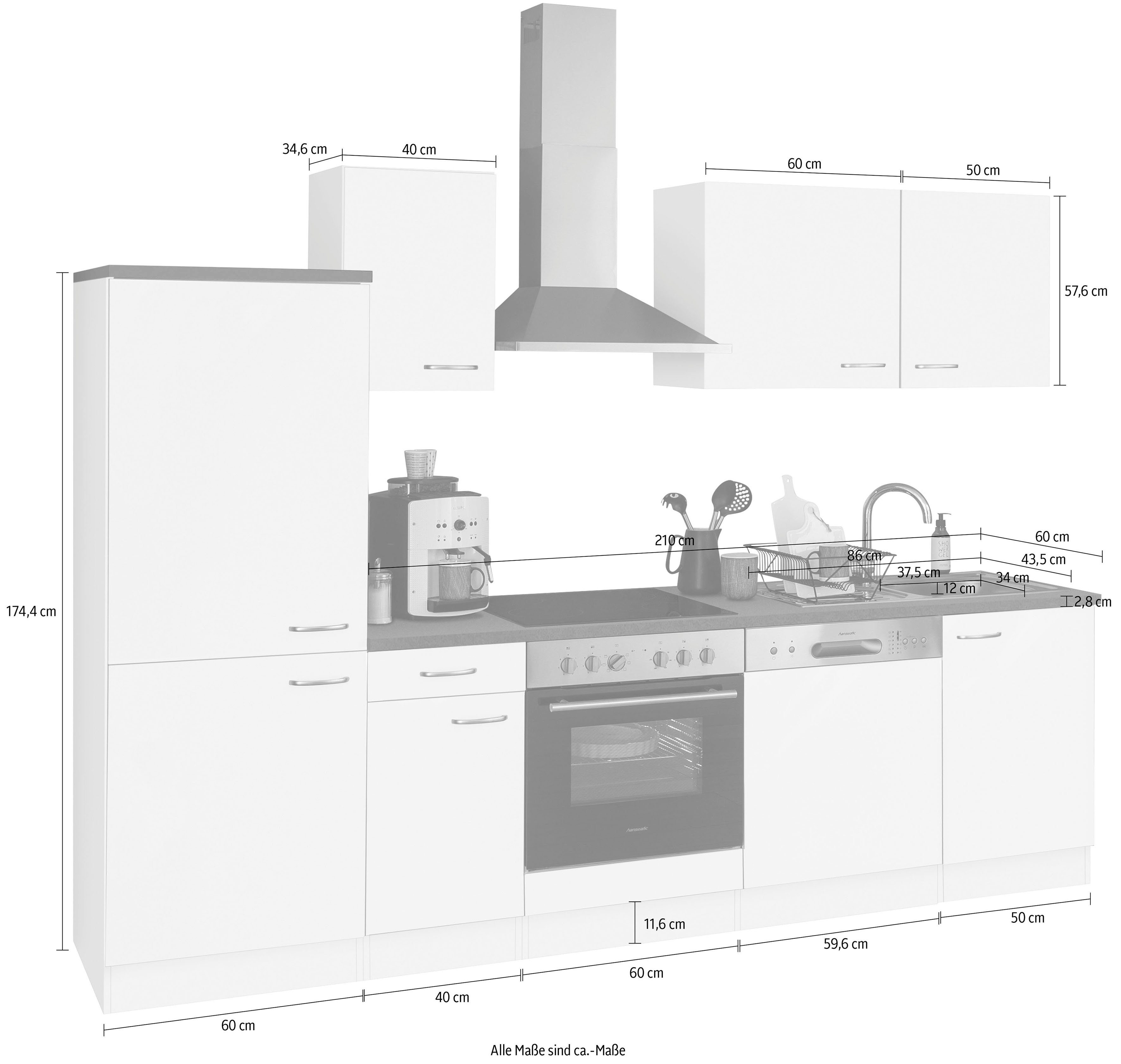 OPTIFIT Küchenzeile Parare, 210 bzw. Kühlschrank E-Geräten, Hanseatic weiß mit cm ohne | mit 270 oder weiß