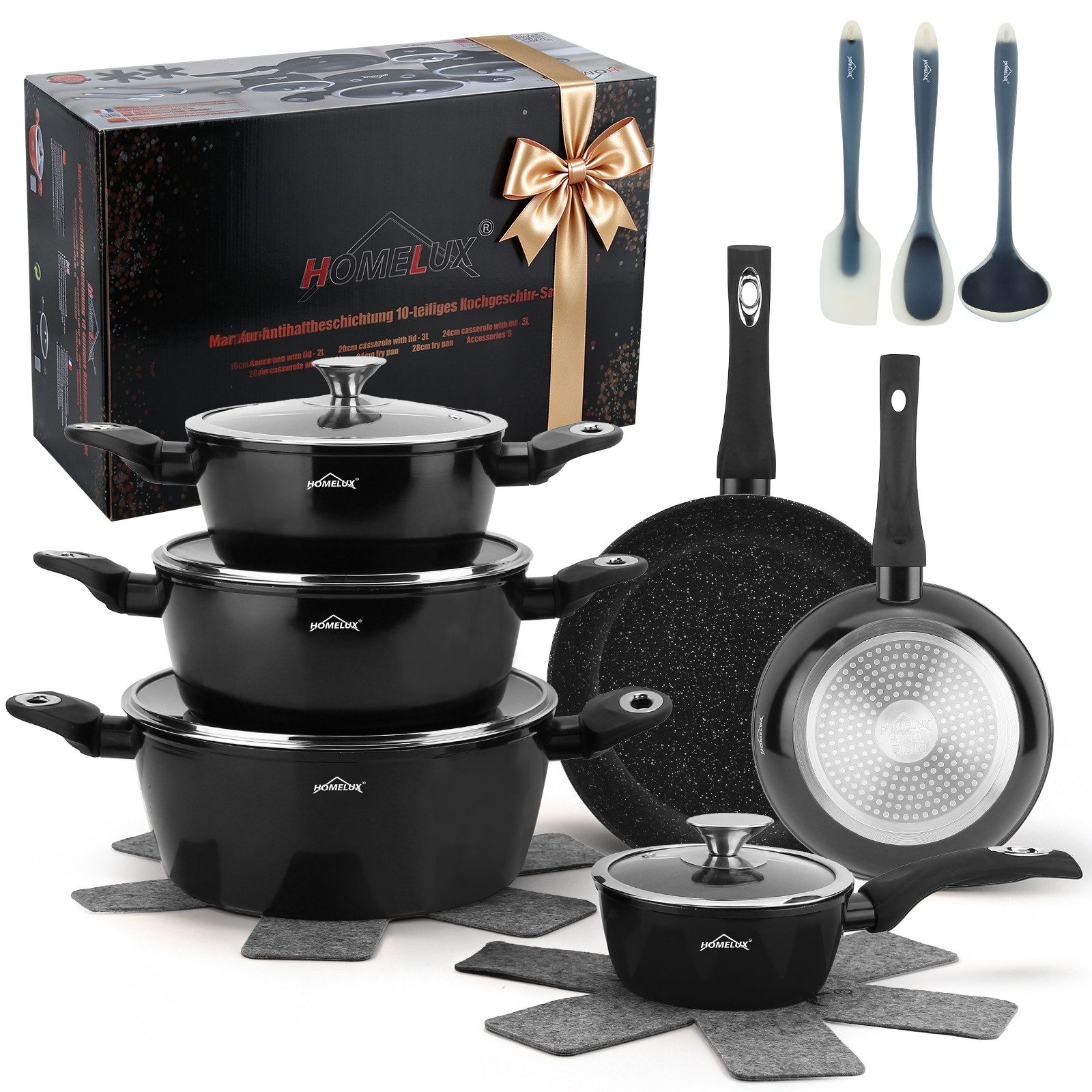 HOMELUX Topf-Set 15 tlg Aluminium Kochtopf mit Glasdeckel Antihaftbeschichtung Topf, Aluminium (4 Töpfe mit Glasdeckel + 2 Pfanne), Induktionsgeeignet