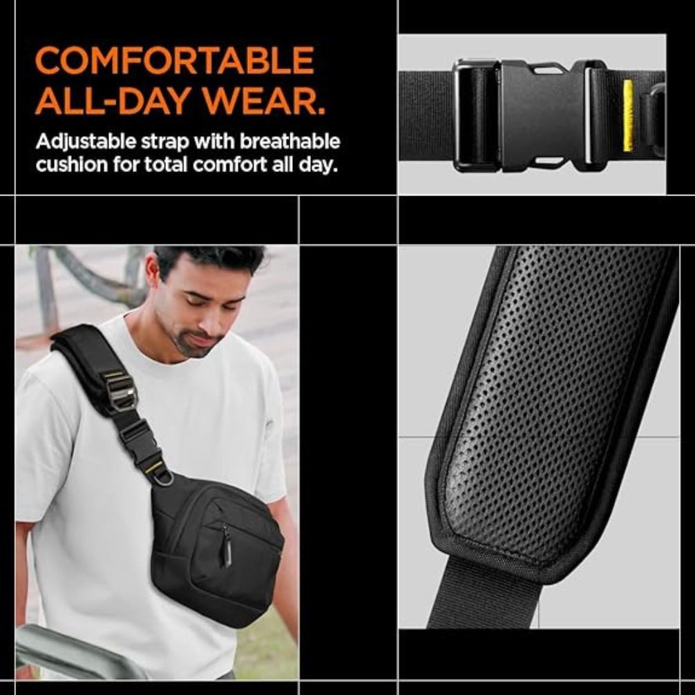 Spigen Umhängetasche Schultertasche & Brusttasche für Herren & Damen Crossbody Bag Schwarz, für Herren und Damen, Cordura Nylon, wetterfest, AirTag-Fach