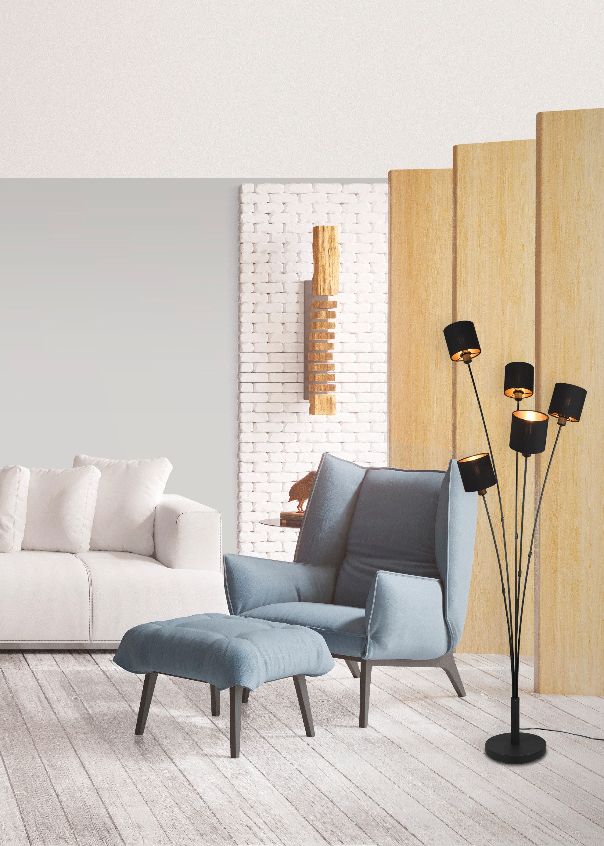 Reality Leuchten Stehlampe Tommy, Stehleuchte 5-flammig, E14 max 40W mit Fussschalter, Ein-/Ausschalter, Leuchtmittel wechselbar, warmweiß - kaltweiß, Stehlampe Wohnzimmer mit Stoffschirmen in modernem schwarz-gold