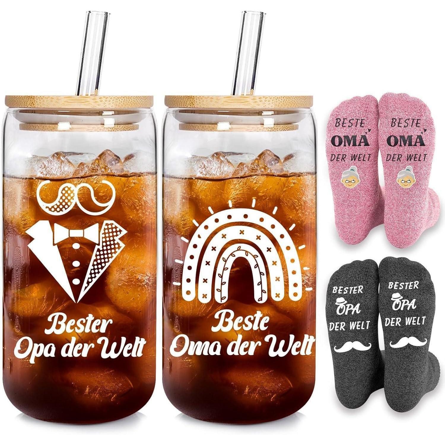LuxusKollektion Gläser-Set Gläser 500ml Deckel Strohhalm Geschenkset Oma Opa OMA-OPA cups