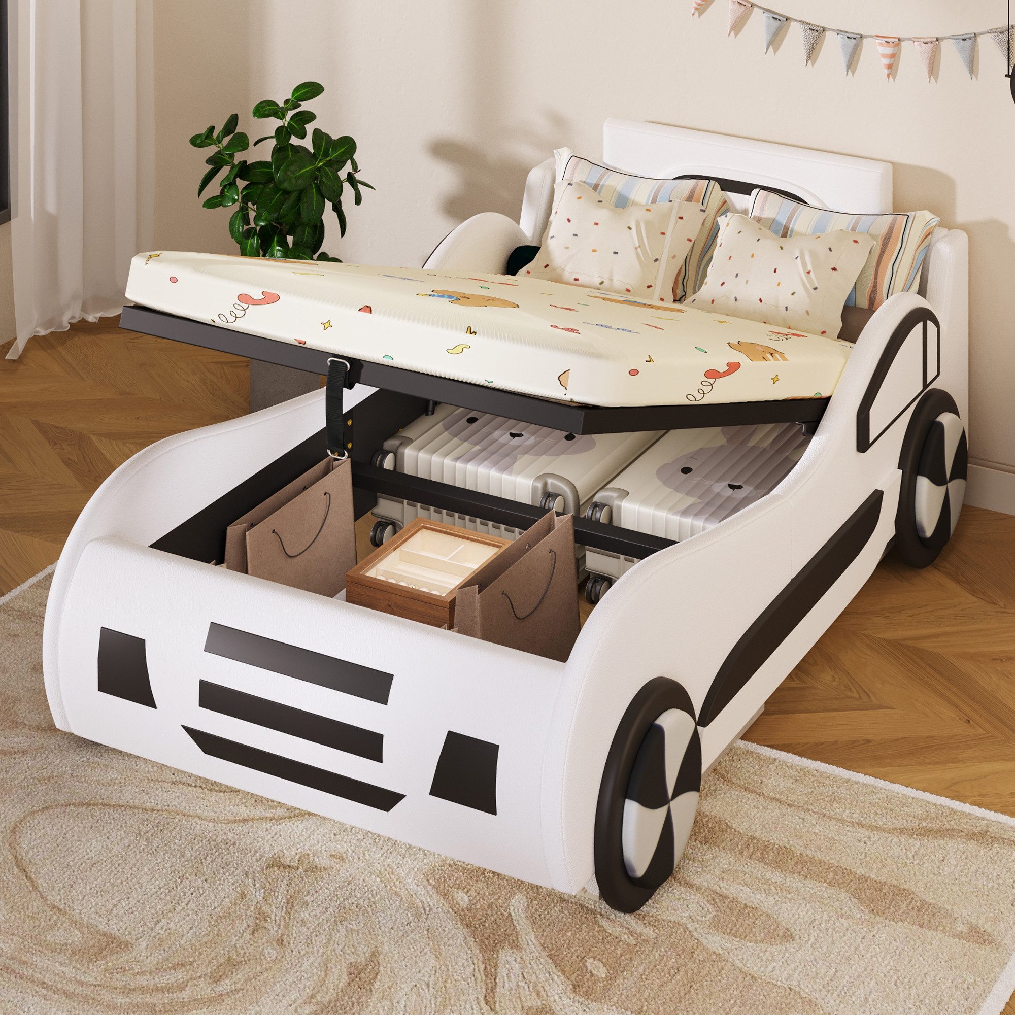 Flieks Autobett, Hydraulisches Kinderbett Spielbett mit Stauraum 90×200cm Kunstleder