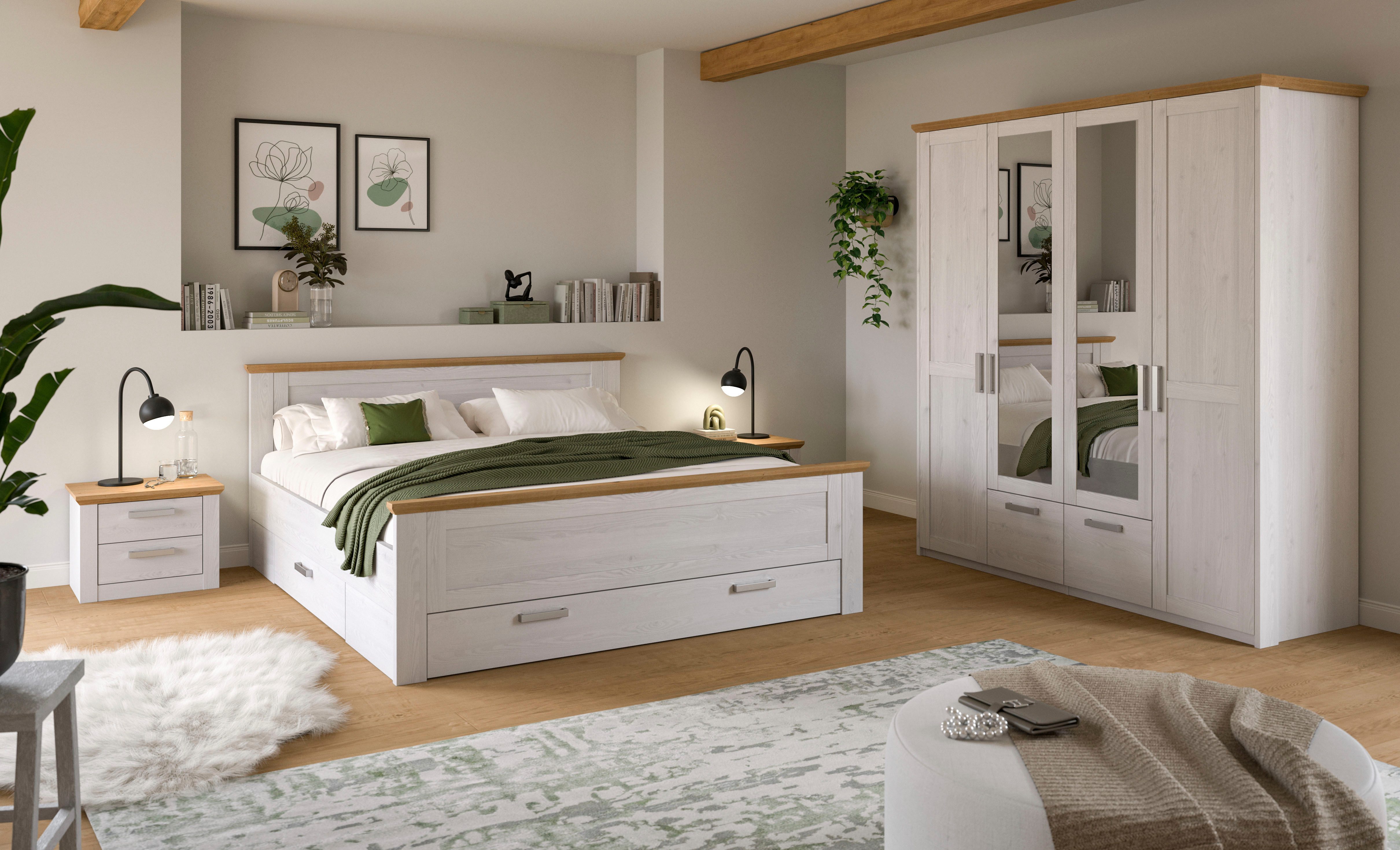Home affaire Schlafzimmer-Set COSENZA, 4-teilig, Kleiderschrank, Bett & 2x Nachttische, (4-tlg., Matratzengröße 180x200 cm, viel Stauraum, ohne Lattenrost & Matratze), Schlafzimmer, Schlafen, Set, Kombination, Bettanlage