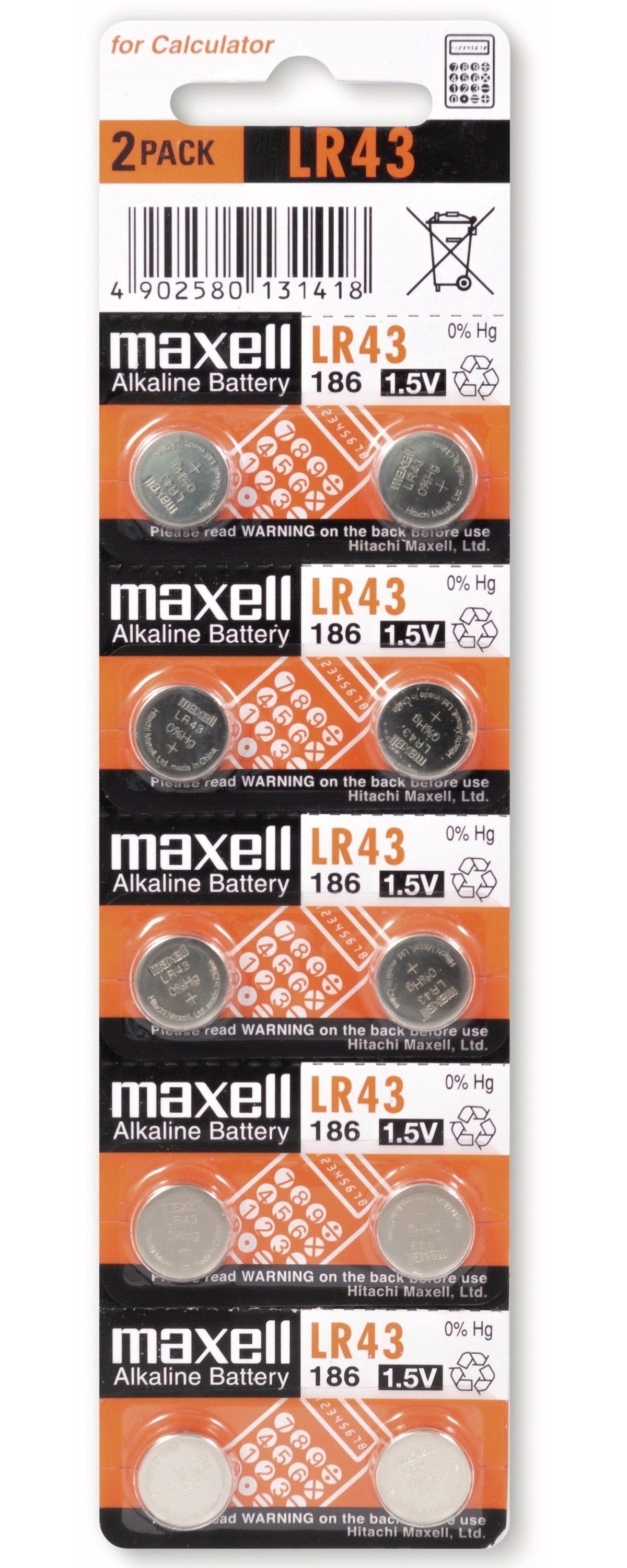 Maxell MAXELL Knopfzelle LR43/AG12, 10 Stück Knopfzelle