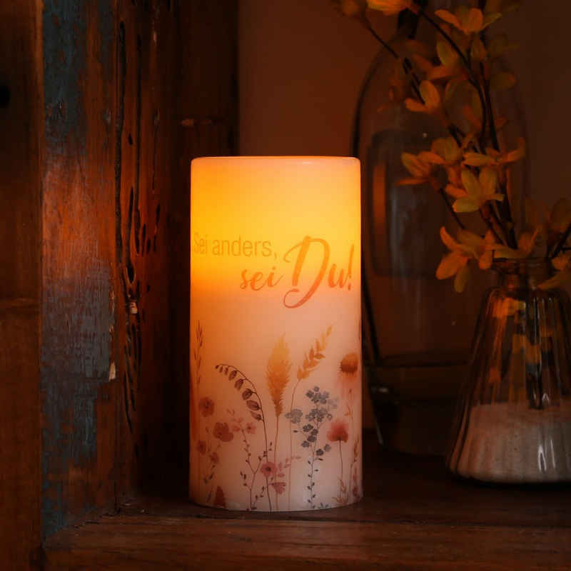 MARELIDA LED-Kerze »LED Kerze mit Zitat Blumen Motiv Design Echtwachs flackernd H:15cm Batterie weiß«