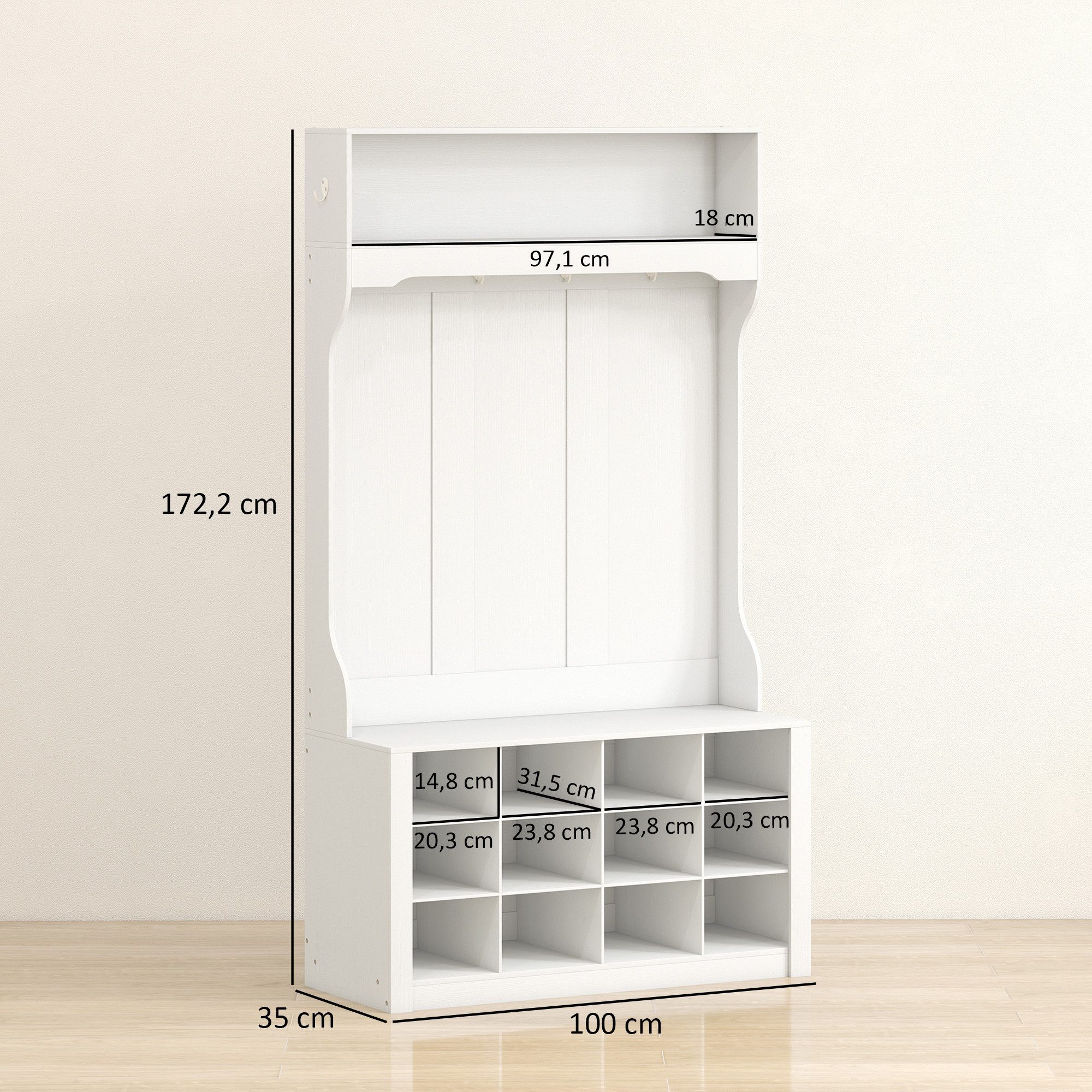 HOMCOM Garderobenständer mit Regal, Haken, Schuhfächern, (Kleidungsständer, 1 St., Garderobe), für Eingangsbereich, Schlafzimmer, Weiß