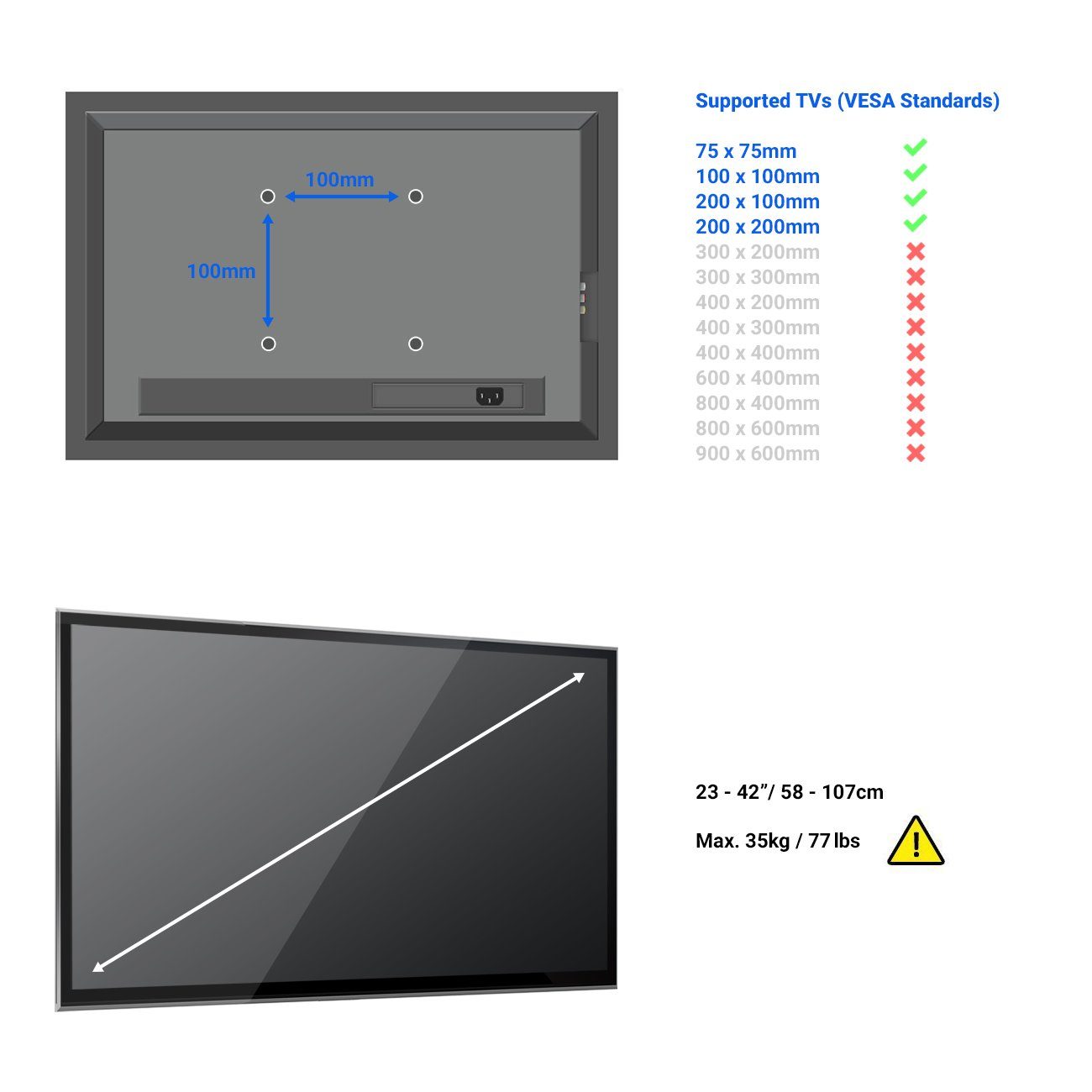 deleyCON deleyCON 23" Zoll bis - TV-Wandhalterung TV - Wandhalterung & 42" Monitor (58cm-107cm)