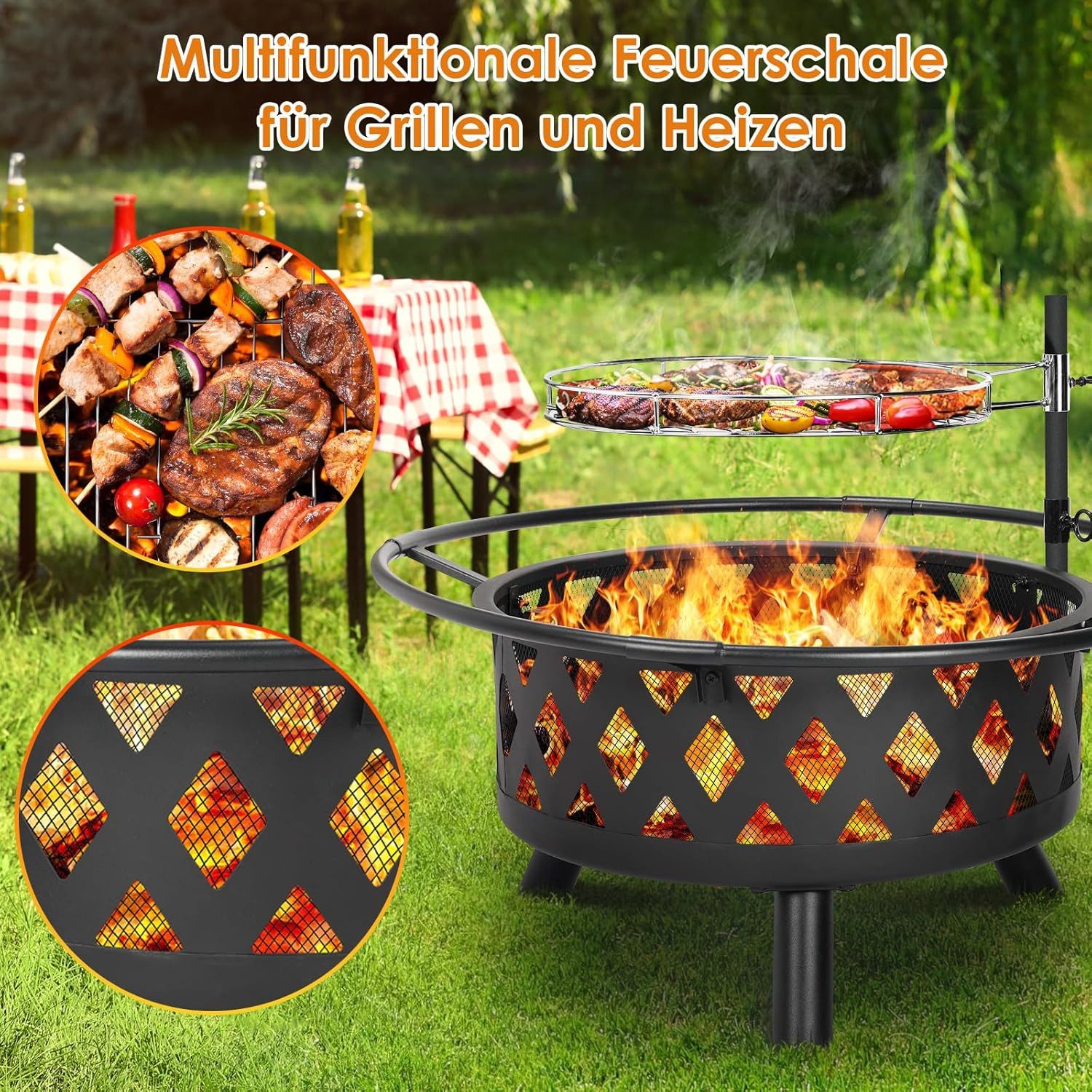 TLGREEN Fire Bowl with Rotating Grill Grate, Ø 76 cm Fire Basket with Poker, Multifunctional BBQ Fire Pit