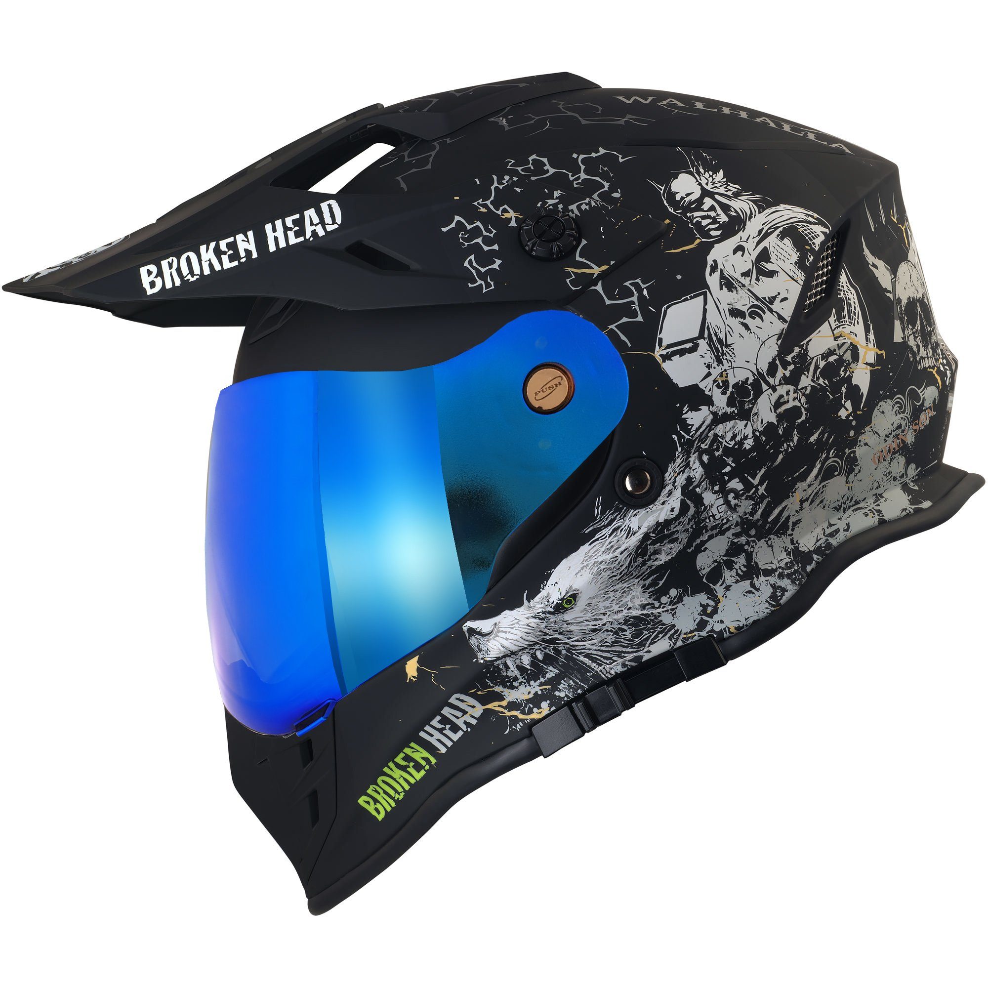 Broken Head Motorradhelm Fullgas Viking VX2 (mit klarem und blau verspiegeltem Visier), inklusive Sonnenblende
