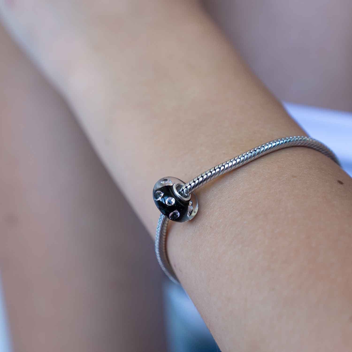 Materia Bead Glasperle Schwarz mit Zirkonia Weiß Rosa 1180, Kern aus 925 Sterling Silber