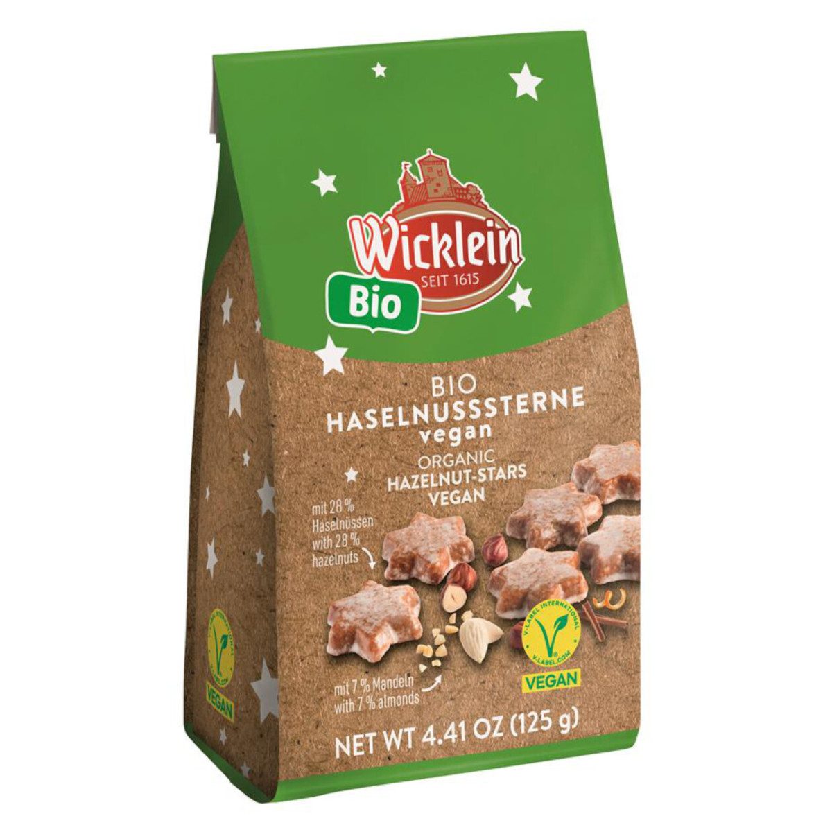 Wicklein Süßigkeit, Wicklein Bio Haselnuss Sterne vegan zur Weihnachtszeit Packung 125g