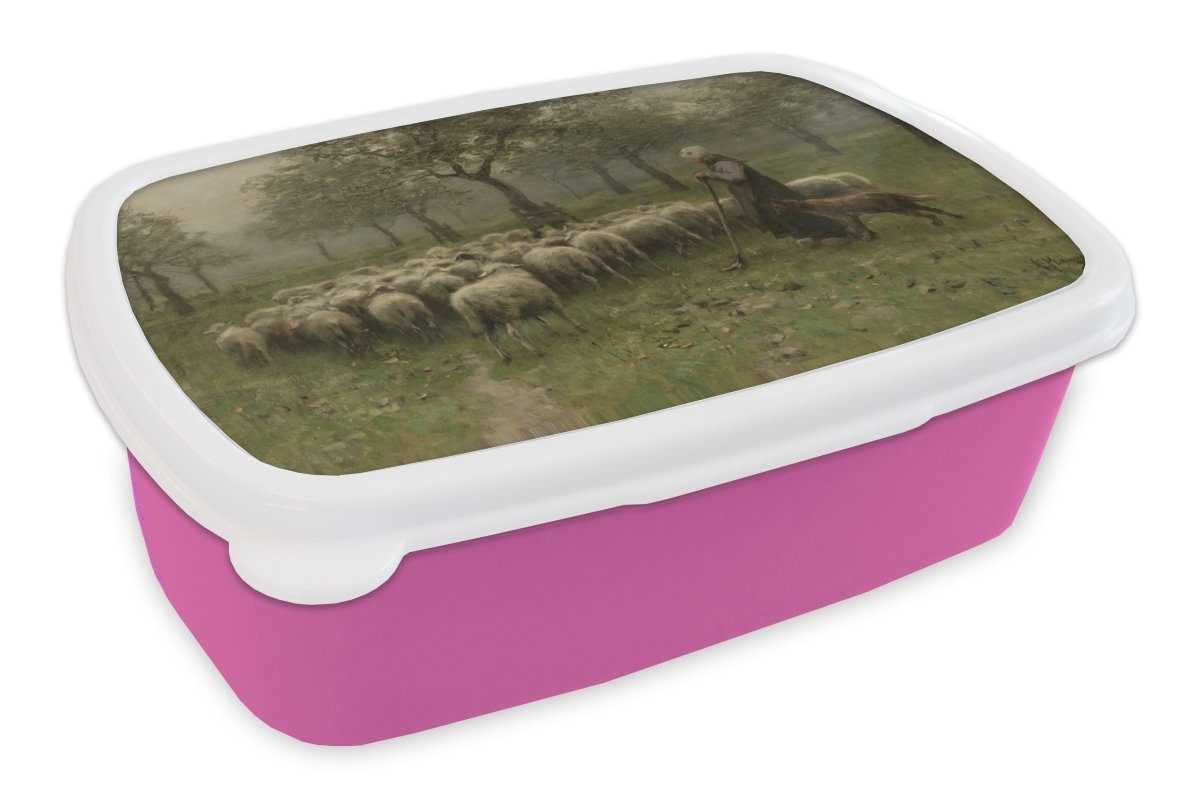 MuchoWow Lunchbox Hirtin mit Schafherde - Gemälde von Anton Mauve, Kunststoff, (2-tlg), Brotbox für Erwachsene, Brotdose Kinder, Snackbox, Mädchen, Kunststoff rosa