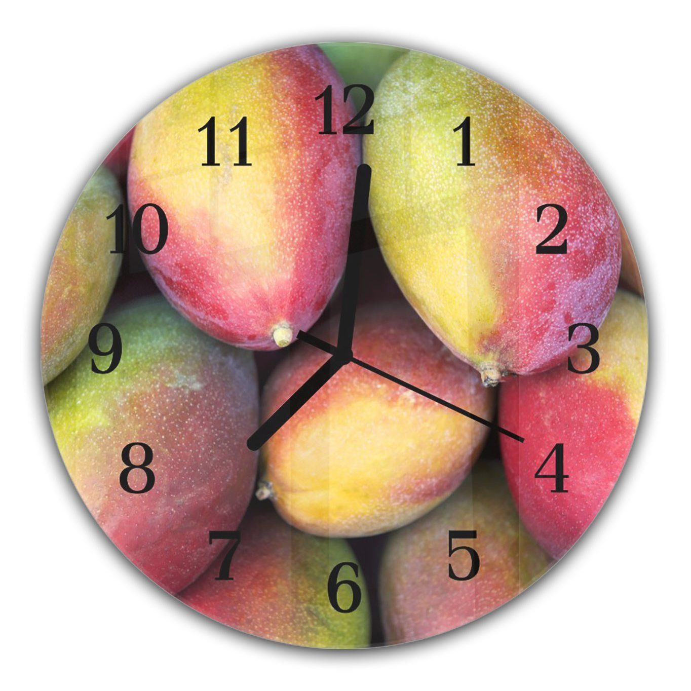 Primedeco Wanduhr Wanduhr aus Glas mit Motiv Frische Mangos - Rund mit Durchmesser 30 cm und Quarzuhrwerk