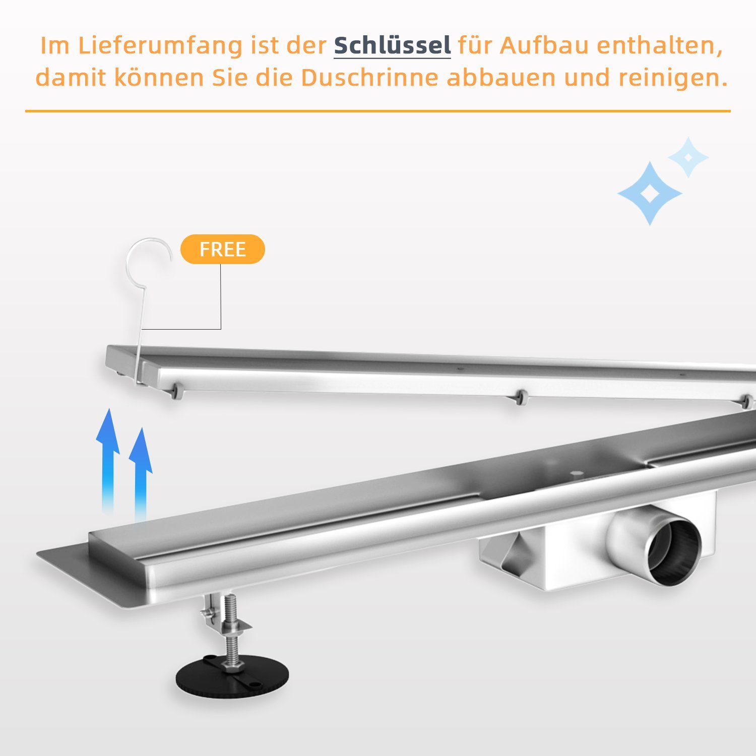 SONNI Duschrinne Edelstahl Duschrinne 2 IN 1 Design befliesbar Bodenablauf 30-150cm, extra flach Komplettset mit Geruchsstop und Haarsieb – Bild 5 von 5
