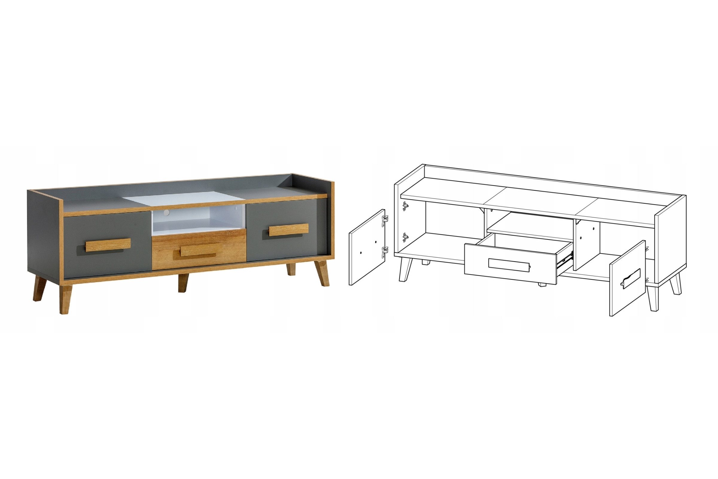 Deine Möbel 24 TV-Schrank WILLY 7 TV-Lowboard TV-Kommode 160 cm breit (Set, 2-St., für Jugendzimmer Kinderzimmer Schlafzimmer Wohnzimmer) in Weiß Matt / Anthrazit / Eiche Scandi Still