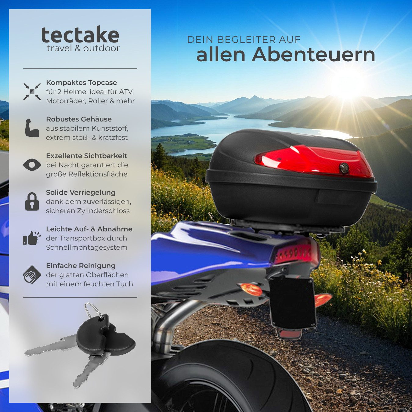 tectake Topcase Motorradkoffer mit Sicherheitsschloss, kleiner und großer Reflektor, (Volumen 48 l, Platz für 2 Helme, in schwarz), für Mofas, Roller, Motorräder und Quads