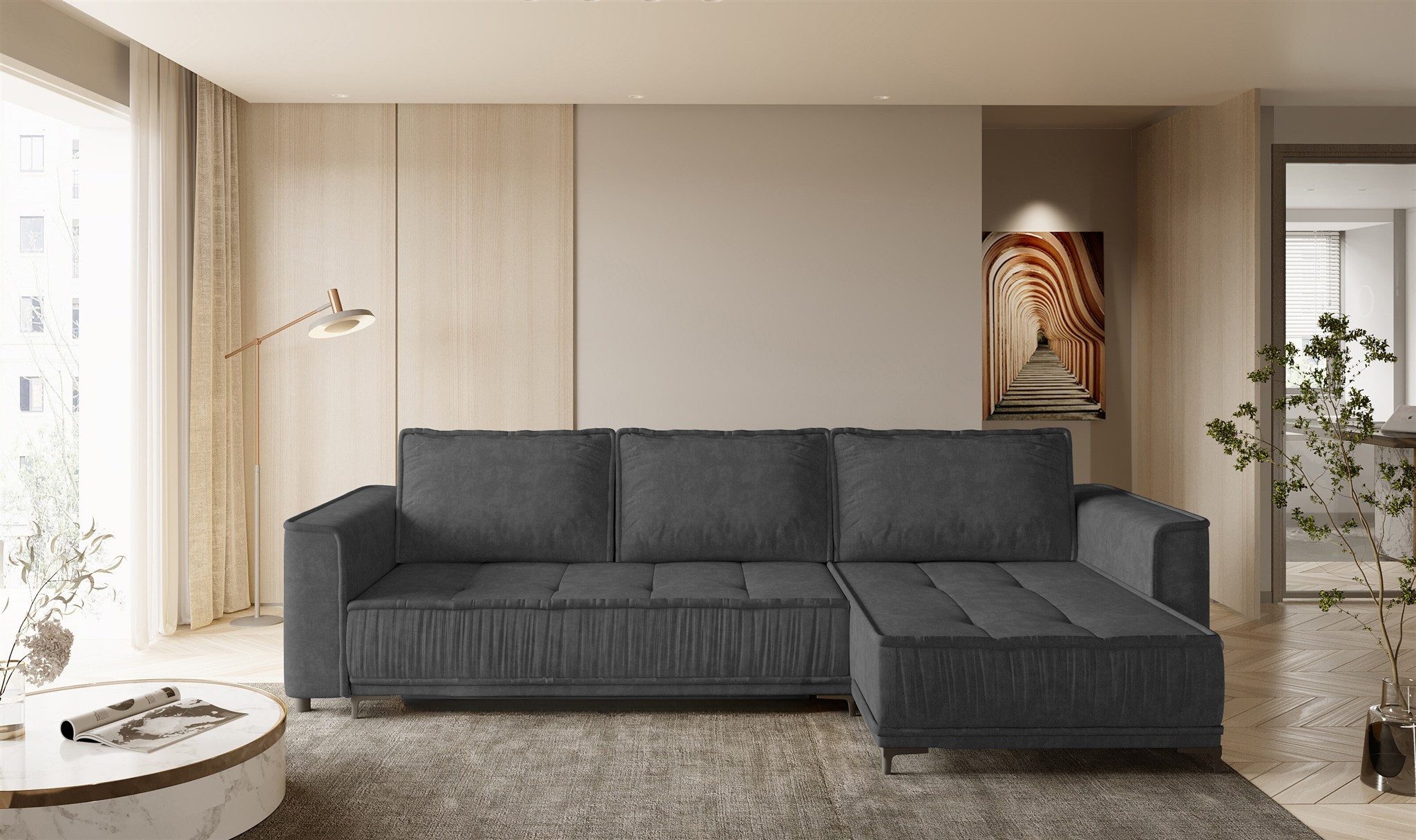 Fun Möbel Ecksofa Ecksofa Schlafsofa FUN ARGUS mit Ottomane in Stoff Terra, inkl. Bettkasten, Rundumbezug und ausziehbare Liegefläche