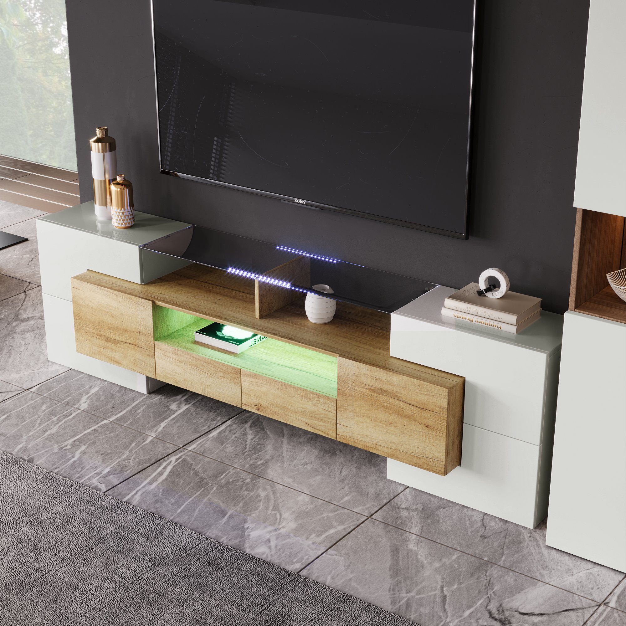Weiß, Design 200 TV LED-Beleuchtung, modernes Wohnzimmermöbel. Weiß+Natur TV-Schrank Schrank Lowboard cm) (1-St., OKWISH