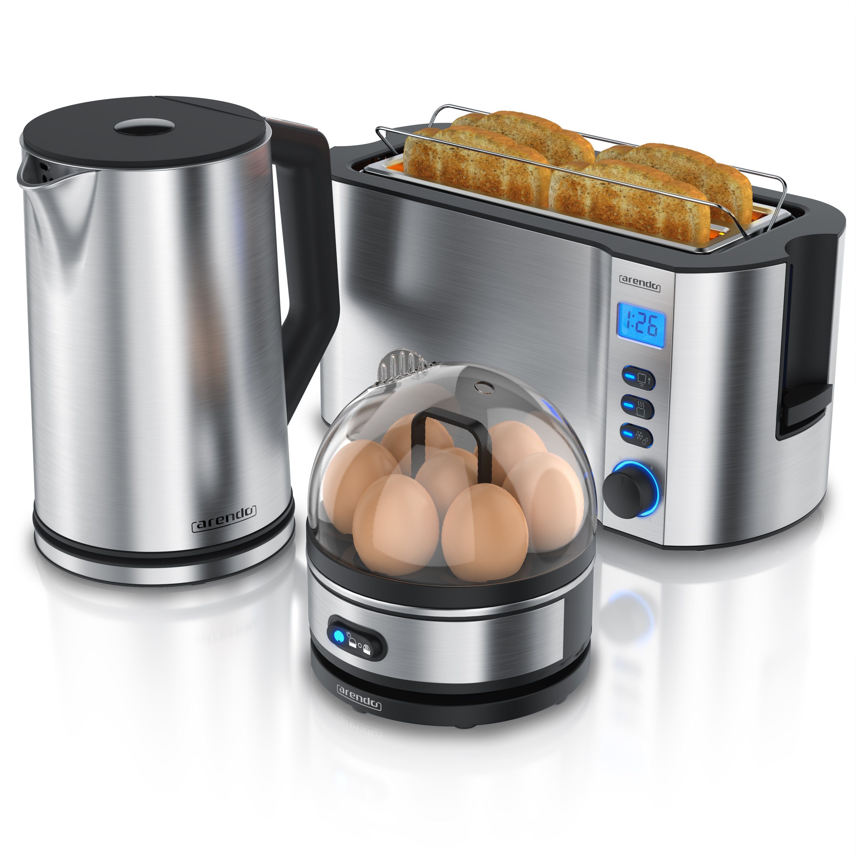 4-Scheiben Silber Eierkocher, Frühstücks-Set (3-tlg), Wasserkocher 7er Toaster, Arendo 1,5l,
