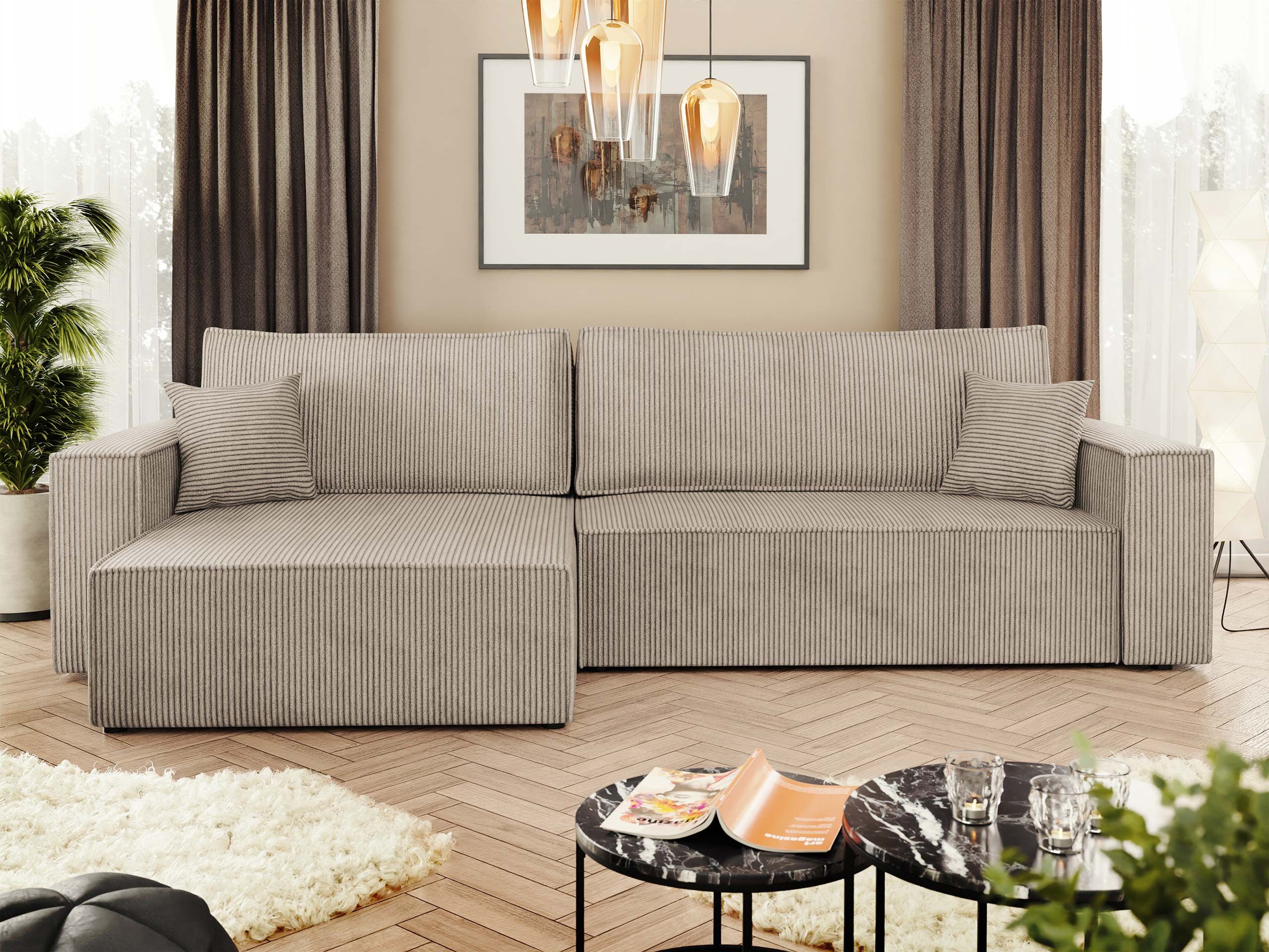 MIRJAN24 Ecksofa Karl Cord, mit Bettkasten und Schlaffunktion, Ottomane universal, Dekorative Kissen-Set
