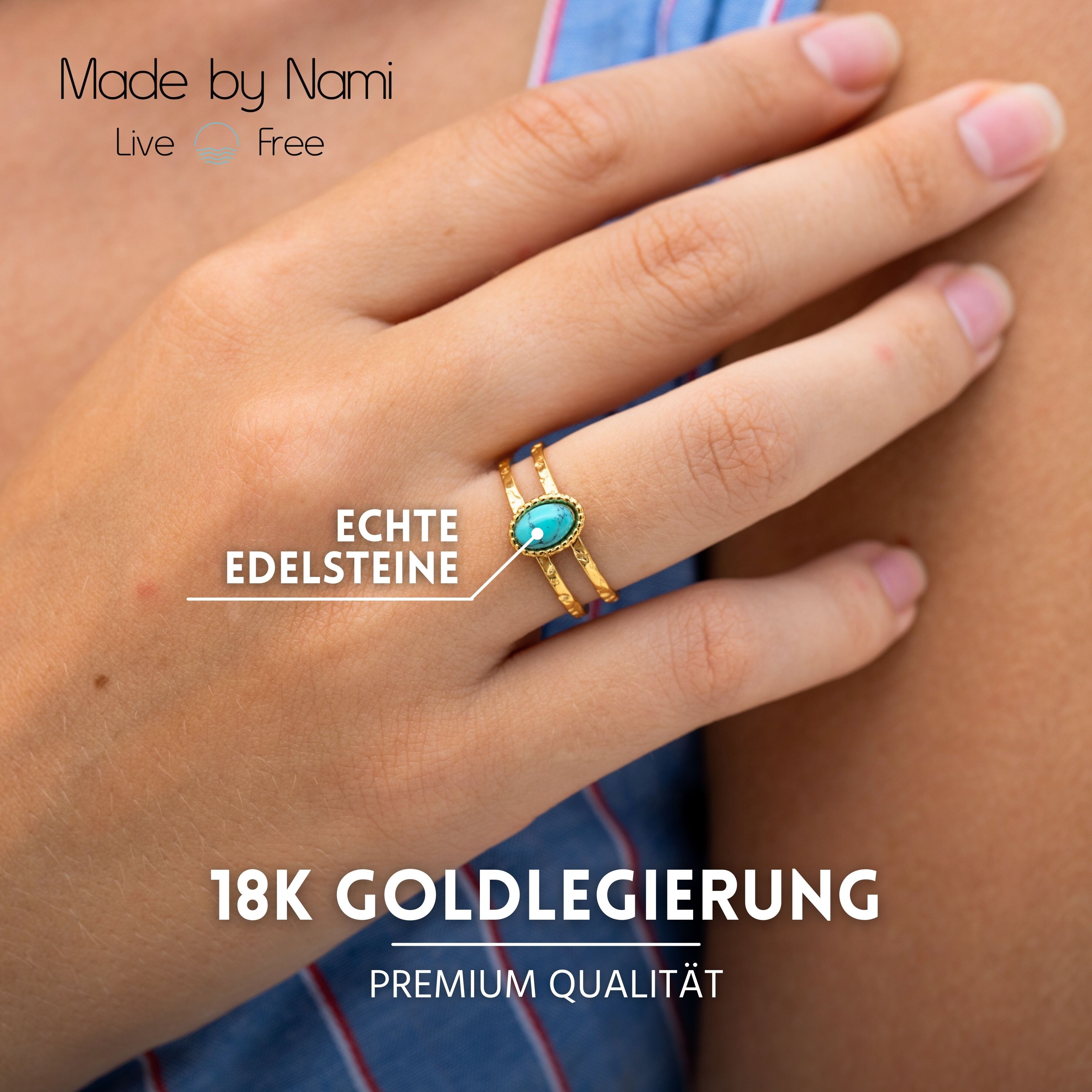 Made by Nami Fingerring Filigraner Boho Edelstahl Ring Gold mit Ovalen türkisen Edelstein, Damen Schmuck Größenverstellbar & Wasserfest – Bild 4 von 5