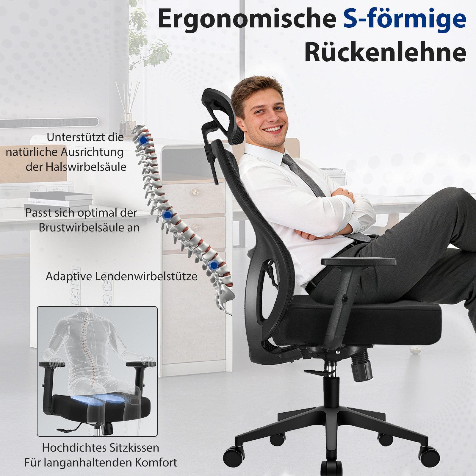 Durrafy Bürostuhl Ergonomischer Mesh Bürostuhl – Bis 200 kg belastbar & atmungsaktiv (Drehstuhl mit verstellbaren Armlehnen und Kopfstütze), 130° Wippfunktion, verstellbare Lordosenstütze, belastbar bis 200 kg