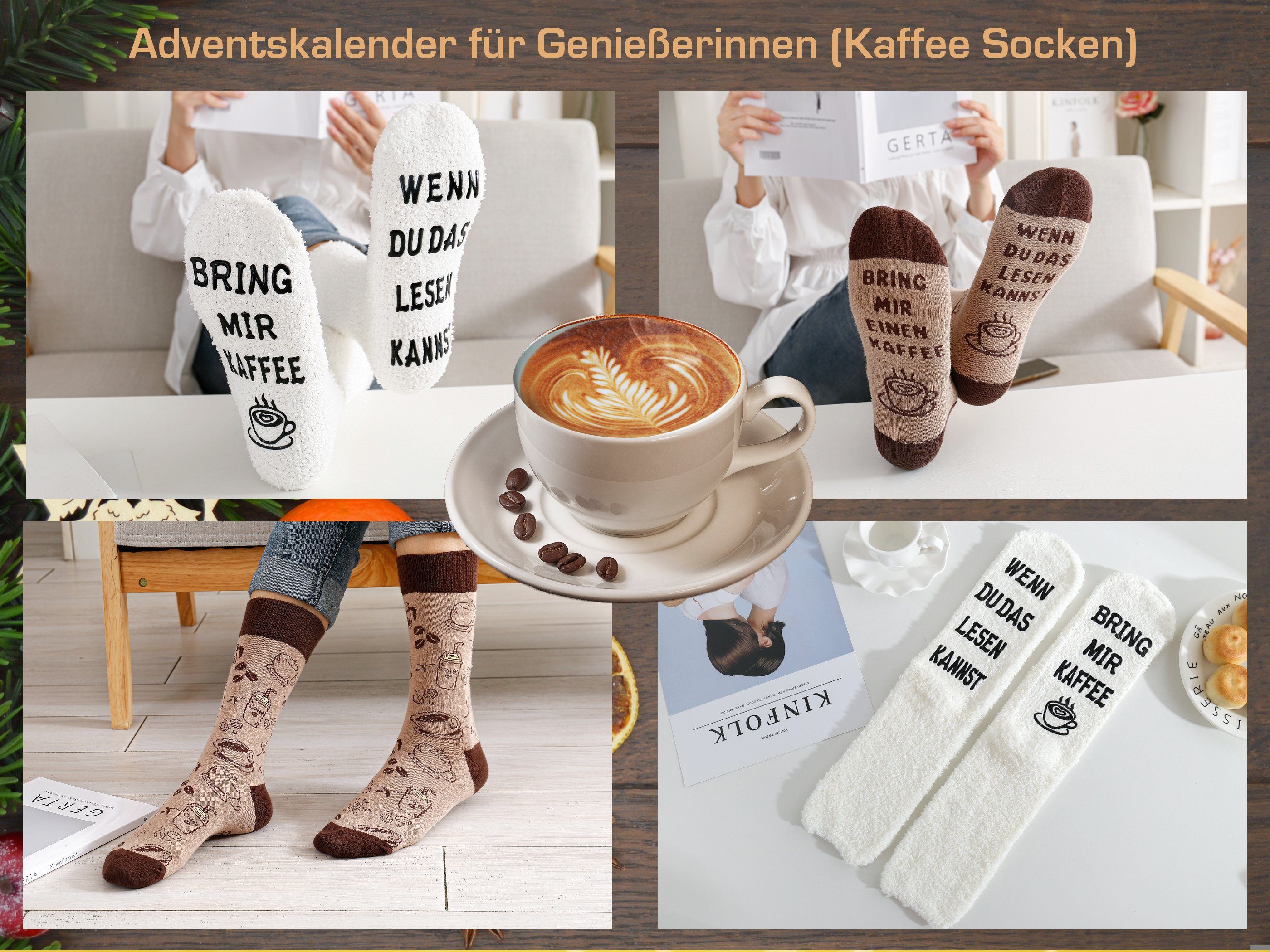 Essens-Motiv Sprüchen, Schlüsselanhänger Baumwollsocken Lucadeau 37-43, mit Sprüchen, für Frauen, Kuschelsocken Socken mit mit Adventskalender Gr.