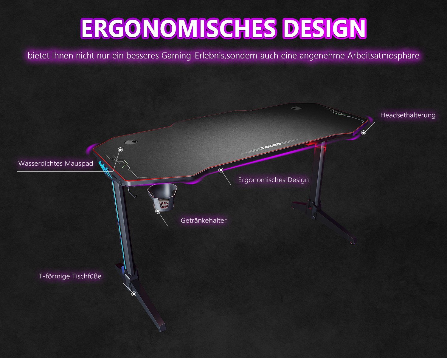 SONNI Gamingtisch RGB Gaming Tisch mit LED Beleuchtung, Breite 120cm/140cm