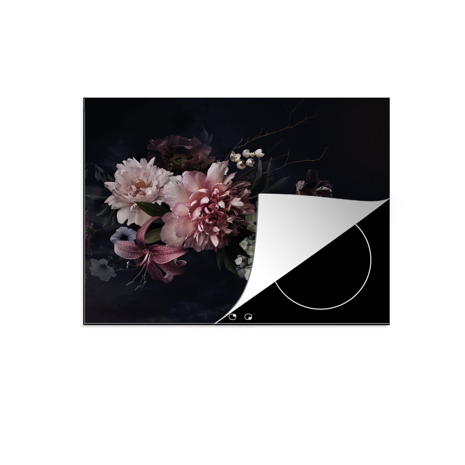 Blumen Rosa 60x52 - Mobile Vinyl, MuchoWow Arbeitsfläche Vintage - Ceranfeldabdeckung cm, (1 nutzbar, - - Herdblende-/Abdeckplatte Pastell Pastell - tlg), Blumen Weiß,