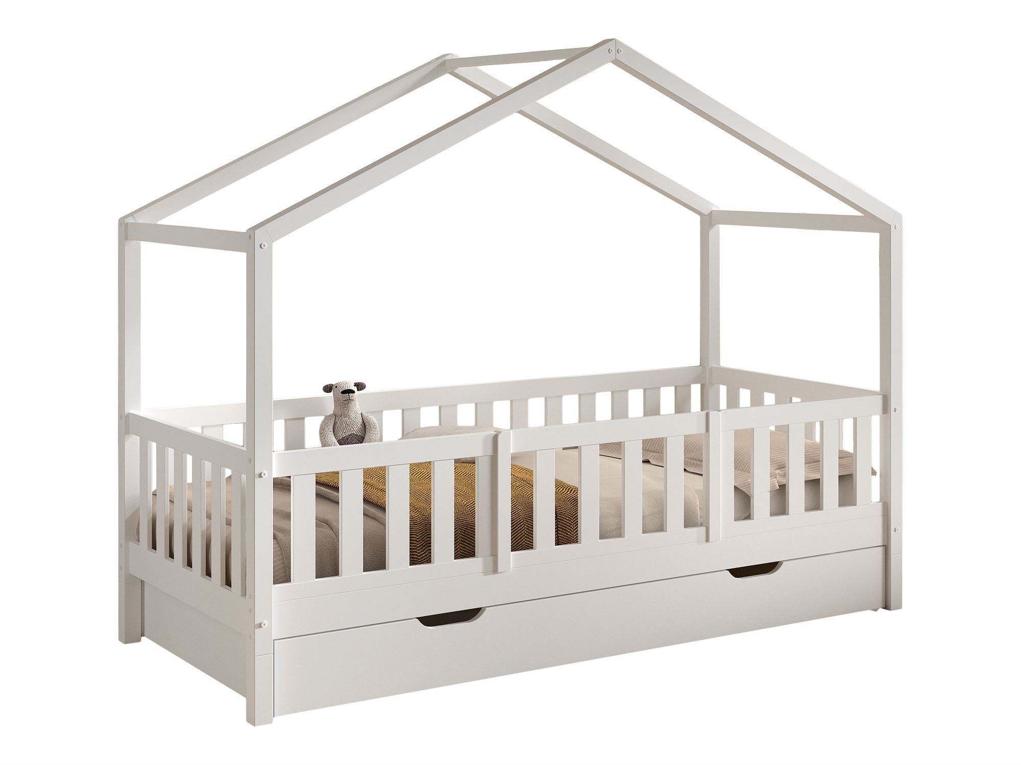 Kinderbett Hausbett Kapua 90x200 Bettschublade Rausfallschutz Kiefer massiv weiß
