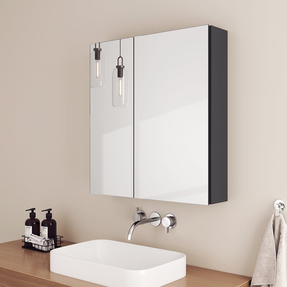 EMKE Spiegelschrank 60X65cm Badezimmer Spiegelschrank Verstellbare Trennwand Badschrank mit Doppelseitigem Spiegel, 2-türig