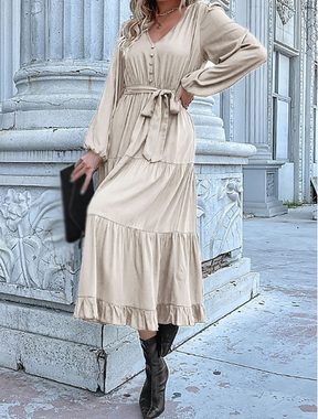 AFAZ New Trading UG Sommerkleid Herbst und Winter neues langärmliges Plissee-Mosaikkleid Lockere lange Röcke für Damen, weiche Kleider, bezaubernde Kleider