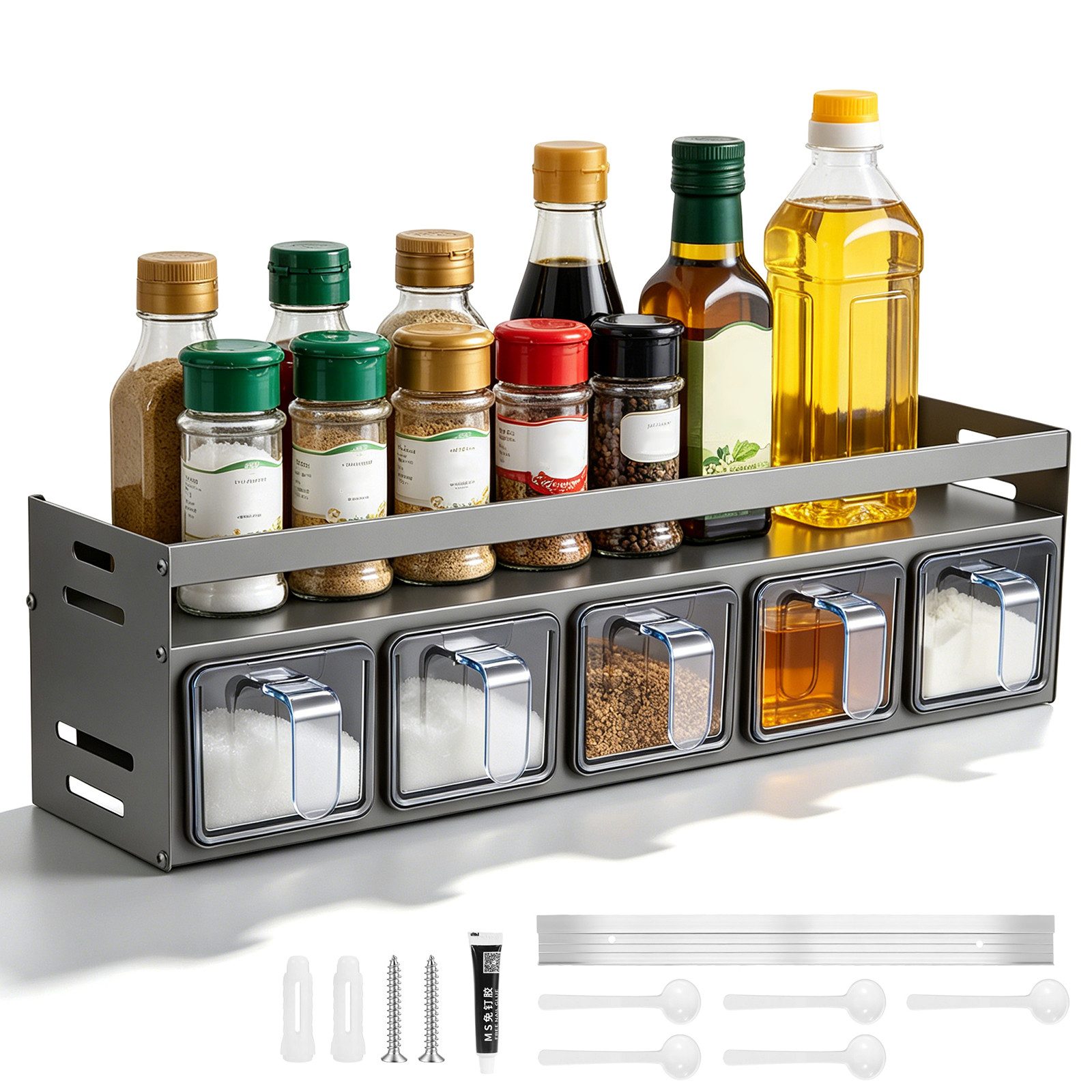 LEMLIT Gewürzregal Gewürzhalter Mit 5 Gewürzdosen Und Löffeln, Wandmontage Oder Stehend, 1er Set 1-tlg., Aluminium, Platzsparend, Für Arbeitsplatte Und Küchenschrank