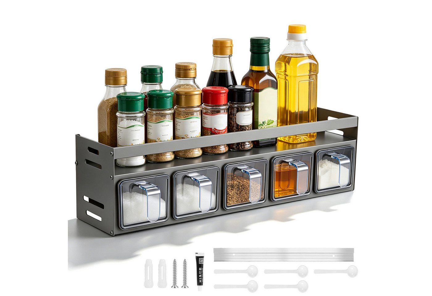 LEMLIT Gewürzregal Gewürzhalter Mit 5 Gewürzdosen Und Löffeln, Wandmontage Oder Stehend, 1er Set 1-tlg., Aluminium, Platzsparend, Für Arbeitsplatte Und Küchenschrank