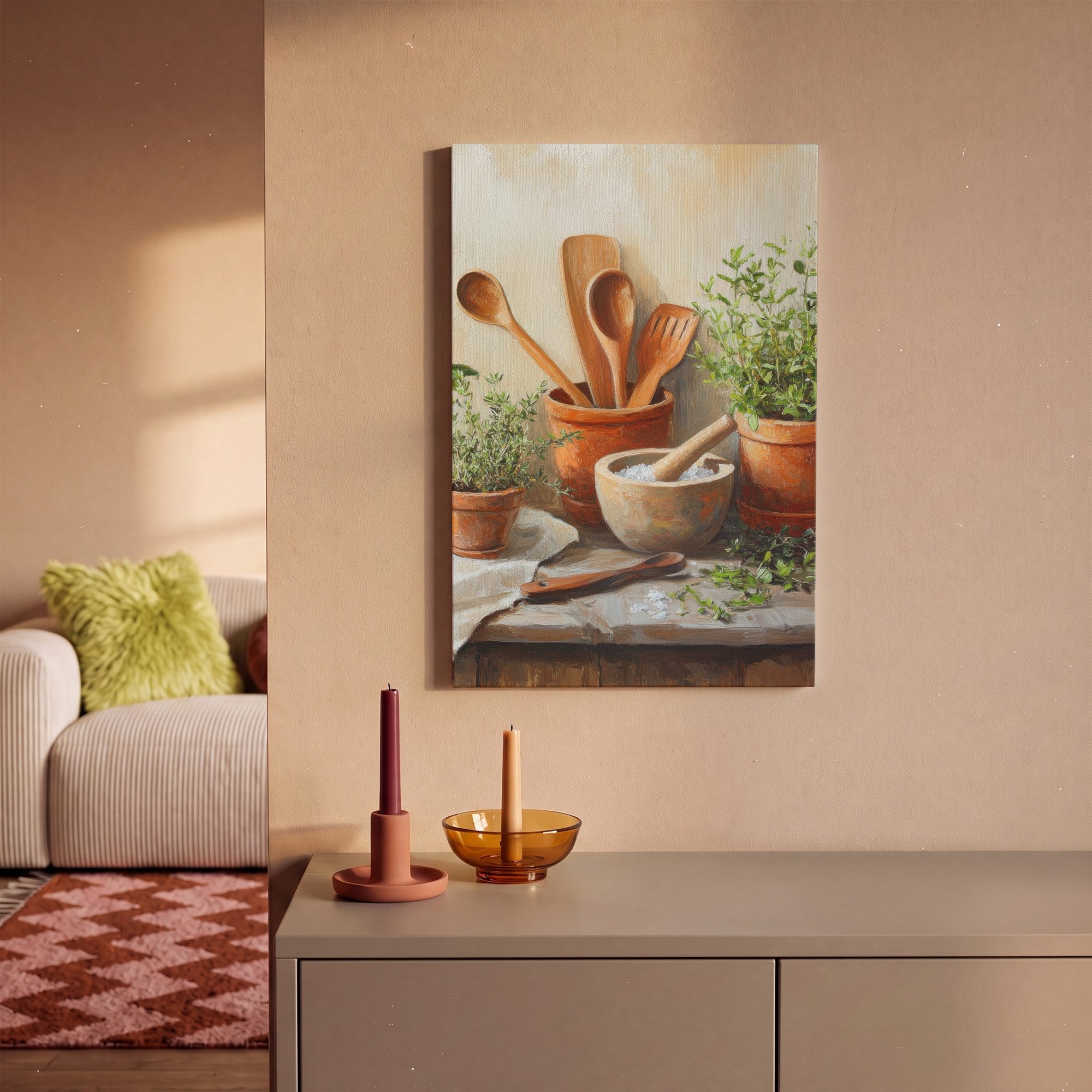 OneMillionCanvasses® Leinwandbild Töpfe - Kräuter - Holz, Fotodruck (1 St), Leinwand Canvas Wandbild, Wanddekoration 20x30 cm – Bild 2 von 5