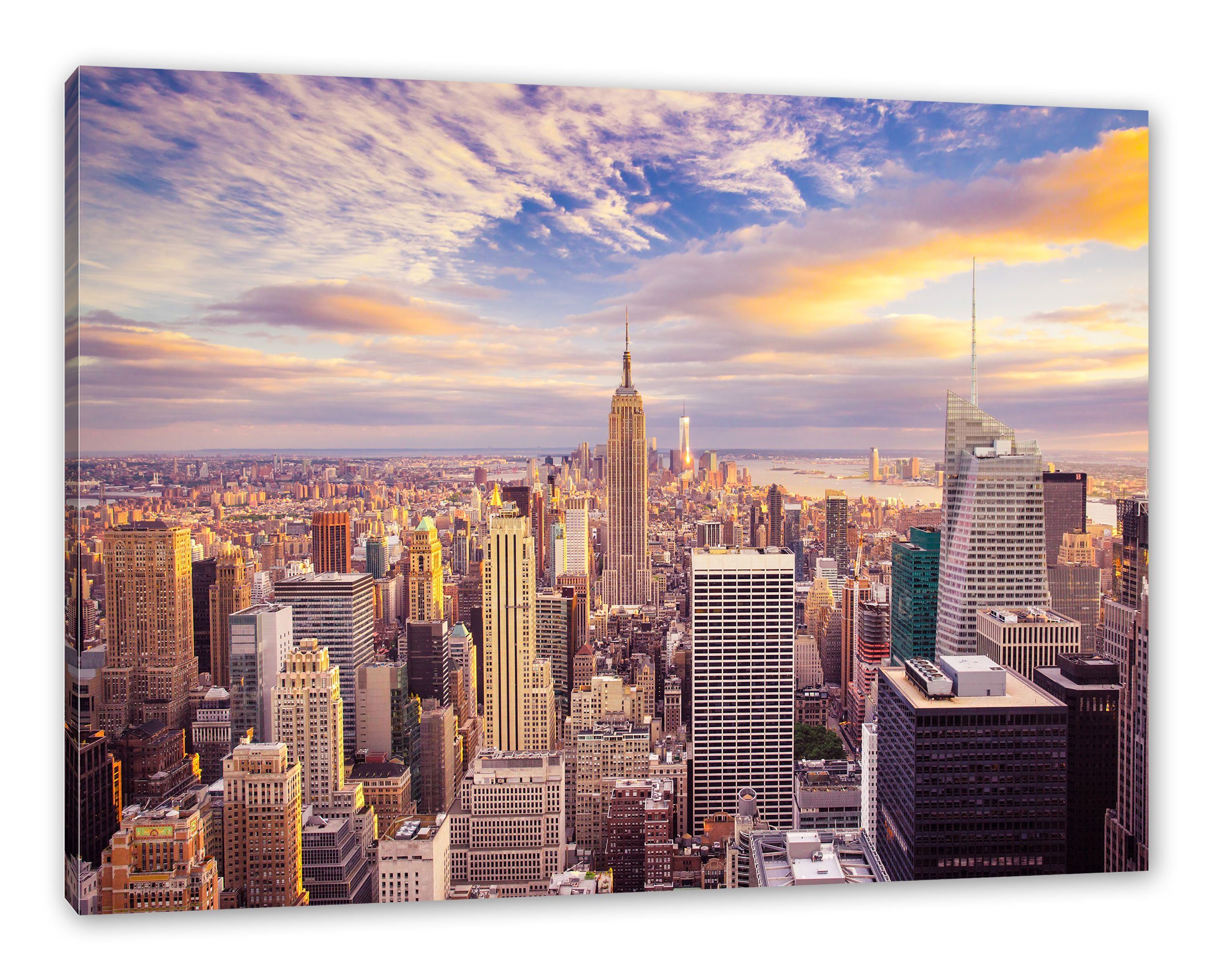 Pixxprint Leinwandbild Skyline New York Sonnenuntergang, Skyline New York Sonnenuntergang (1 St), Leinwandbild fertig bespannt, inkl. Zackenaufhänger