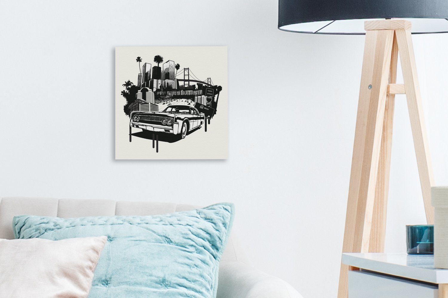OneMillionCanvasses® Leinwandbild Schlafzimmer Autos Wohnzimmer St), eines für (1 amerikanischen einer Leinwand Bilder Illustration vor Schwarz-weiß Skyline