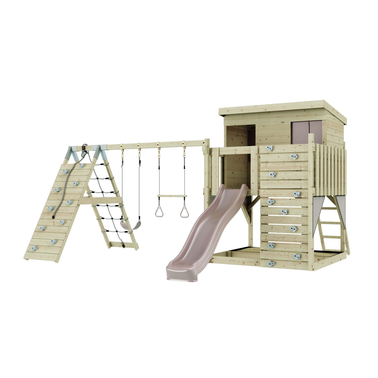 OutdoorToys Spielturm Aksel, aus Holz in Altrosa mit Trapezstange & Rutsche, Kletterwand