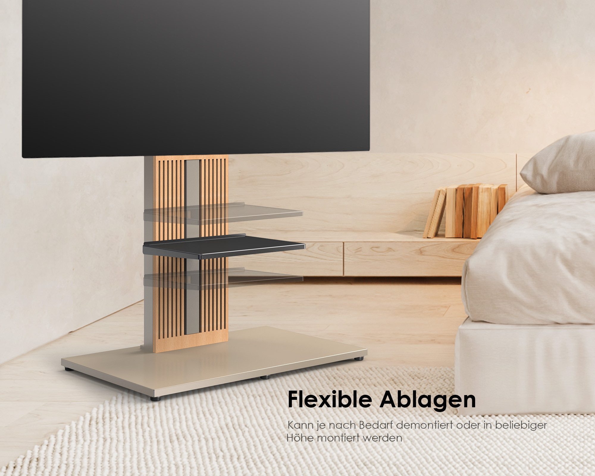 FITUEYES TV-Ständer aus Holz, mit höhenverstellbarer Ablage, ±15° schwenkbar, 55-88 Zoll, (bis 88,00 Zoll, höhenverstellbar, mit Kabelmanagement) – Bild 2 von 5
