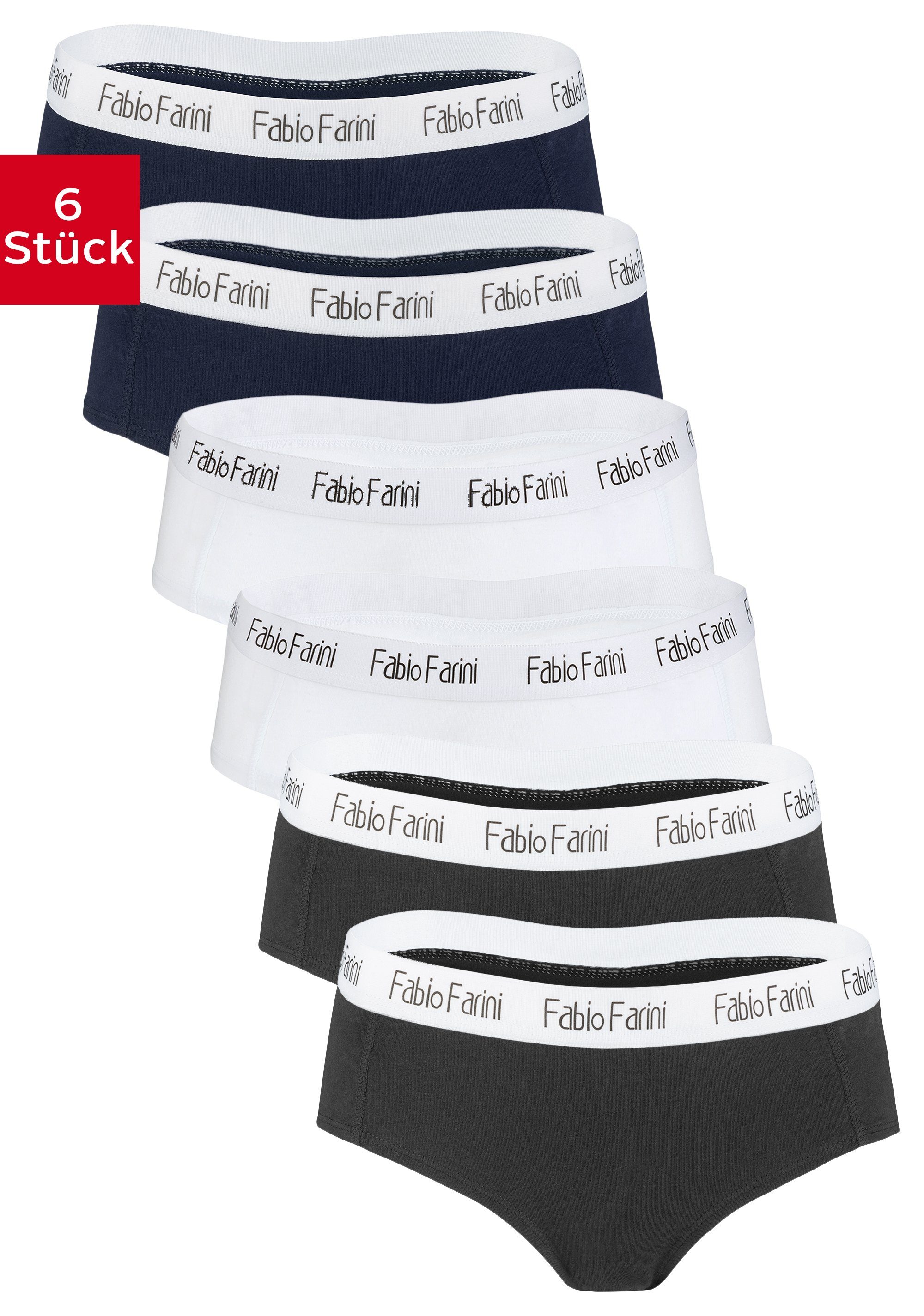 Fabio Farini Panty »Damen Unterhosen - Frauen Hipster Panty aus elastischer  Baumwolle« (6-St) im sportlich modernen Look mit Logo-Bund